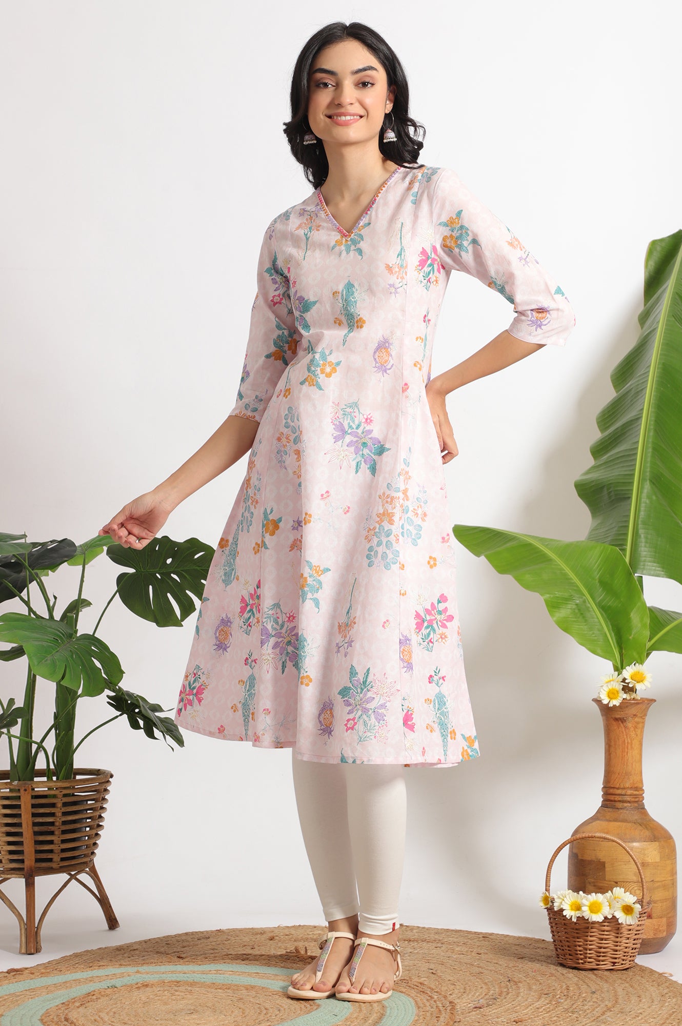 Light Pink Floral Printed A-line Pure Cotton Kurta and Leggings Set