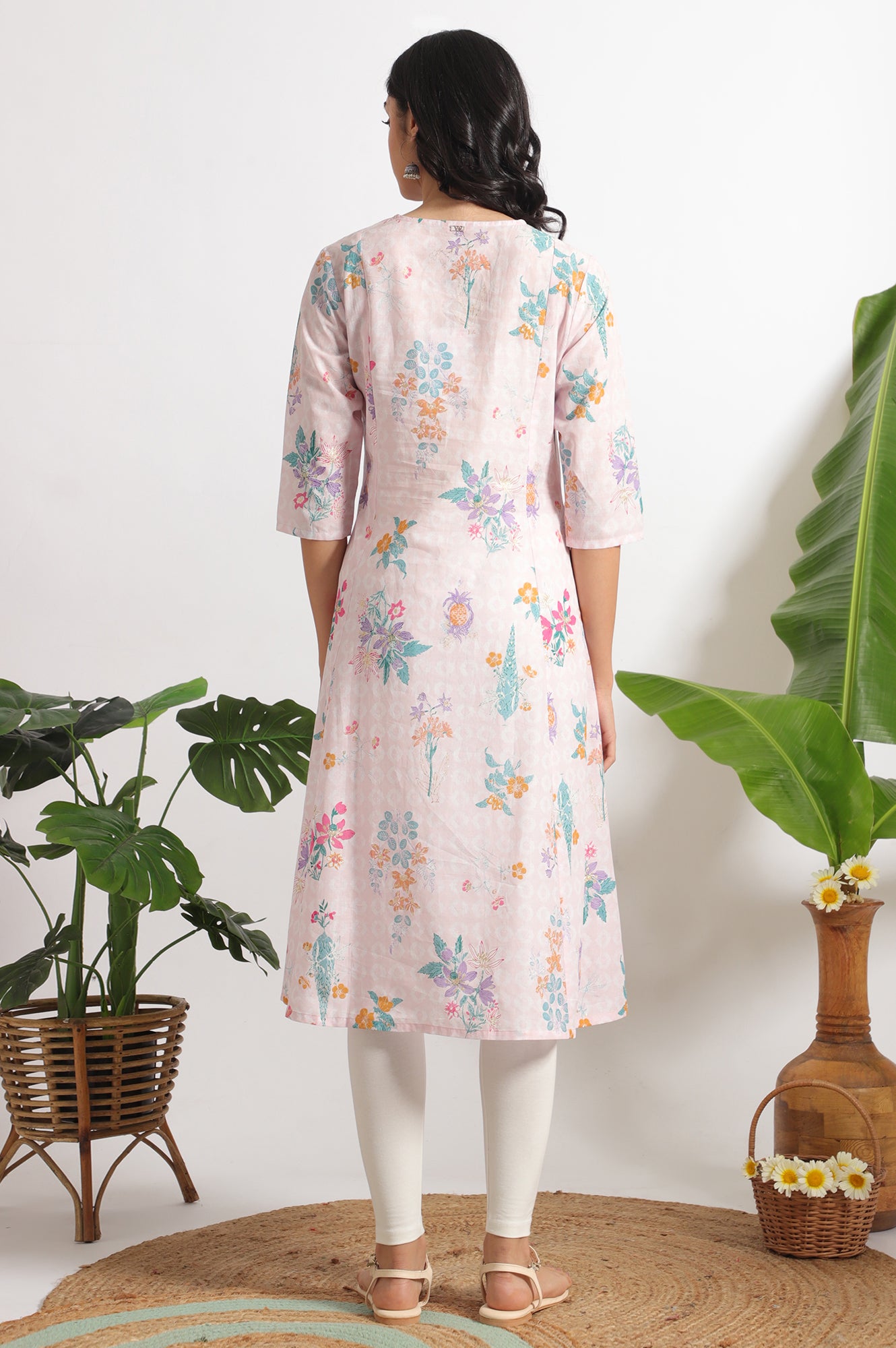 Light Pink Floral Printed A-line Pure Cotton Kurta and Leggings Set