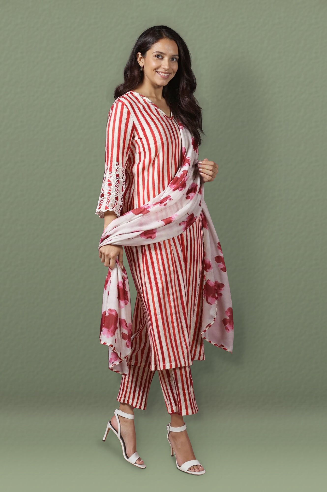 White and Red Stripe Straight Cotton Crepe Kurta and Pants Co-ord Set with Dupatta