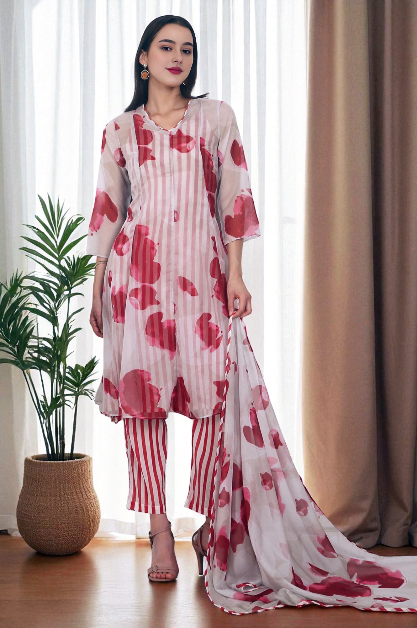 White and Red Printed Layered Organza Kurta, Pants and Dupatta Set