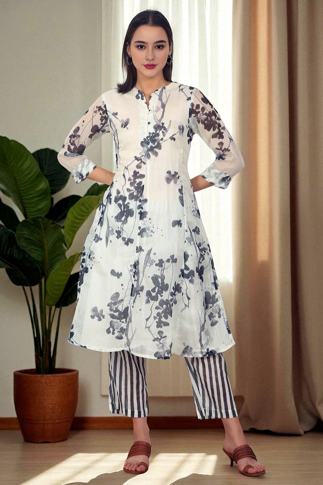 White and Black Floral Printed Kota Flared Kurta and Pants Set