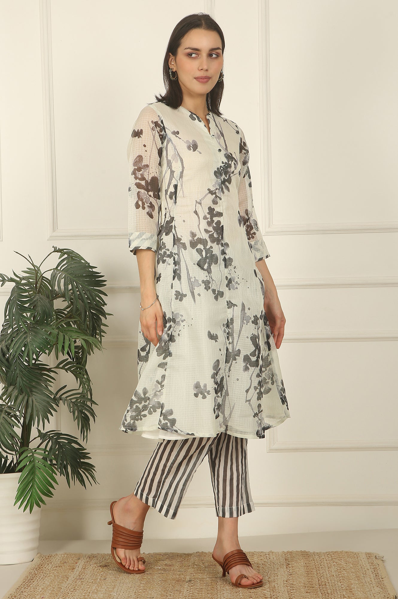 White and Black Floral Printed Kota Flared Kurta and Pants Set