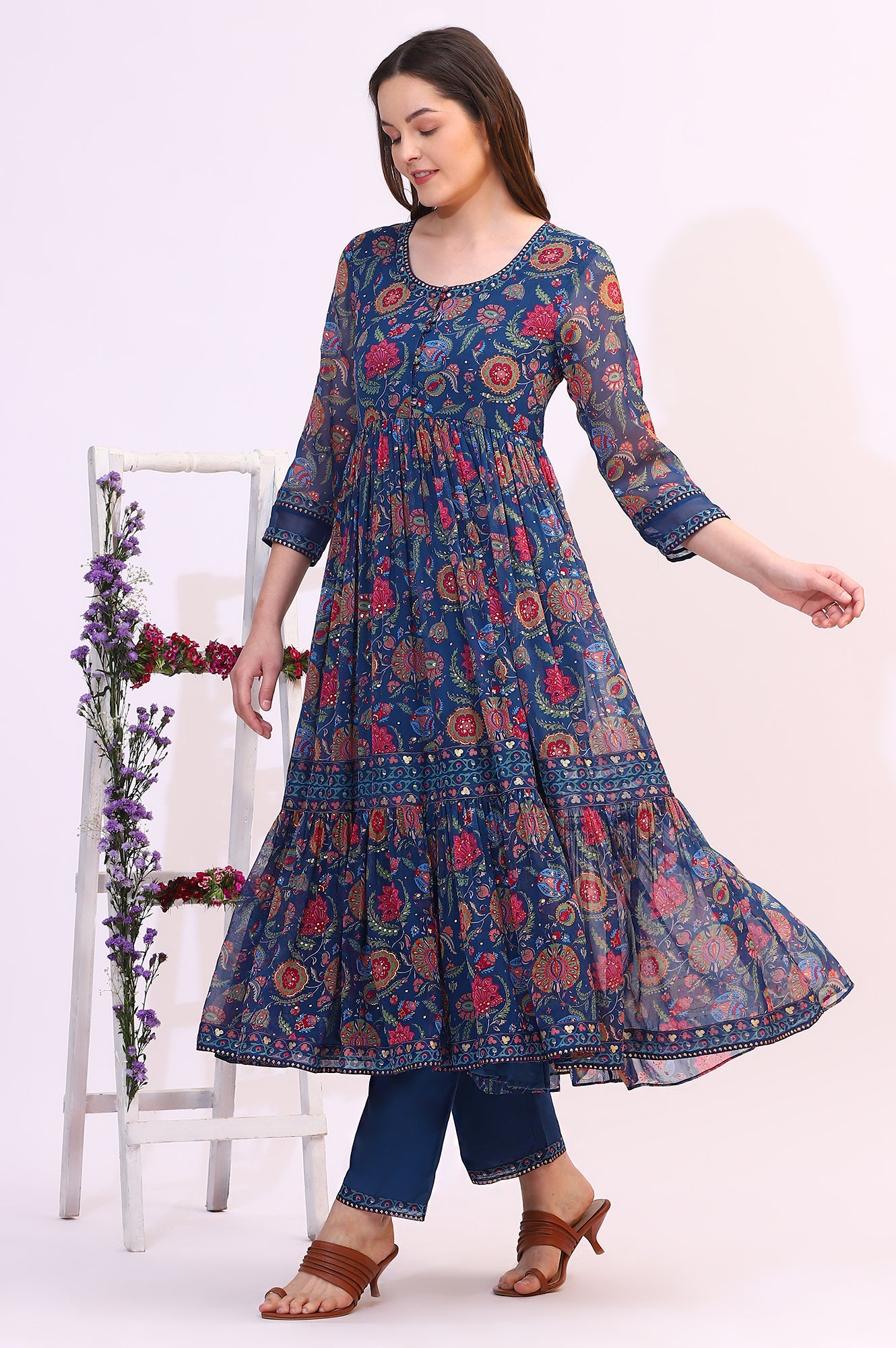 Blue Chintz Floral Printed Chiffon Anarkali Kurta, Straight Pants and Dupatta Set