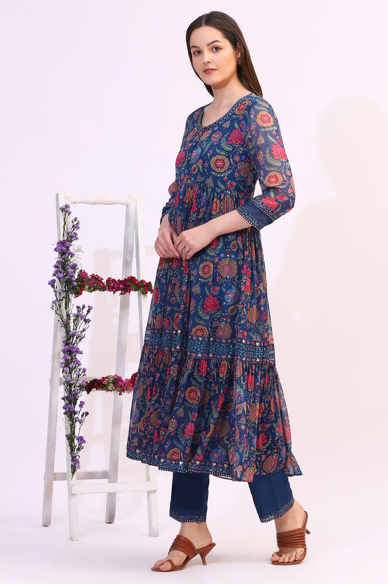 Blue Chintz Floral Printed Chiffon Anarkali Kurta, Straight Pants and Dupatta Set