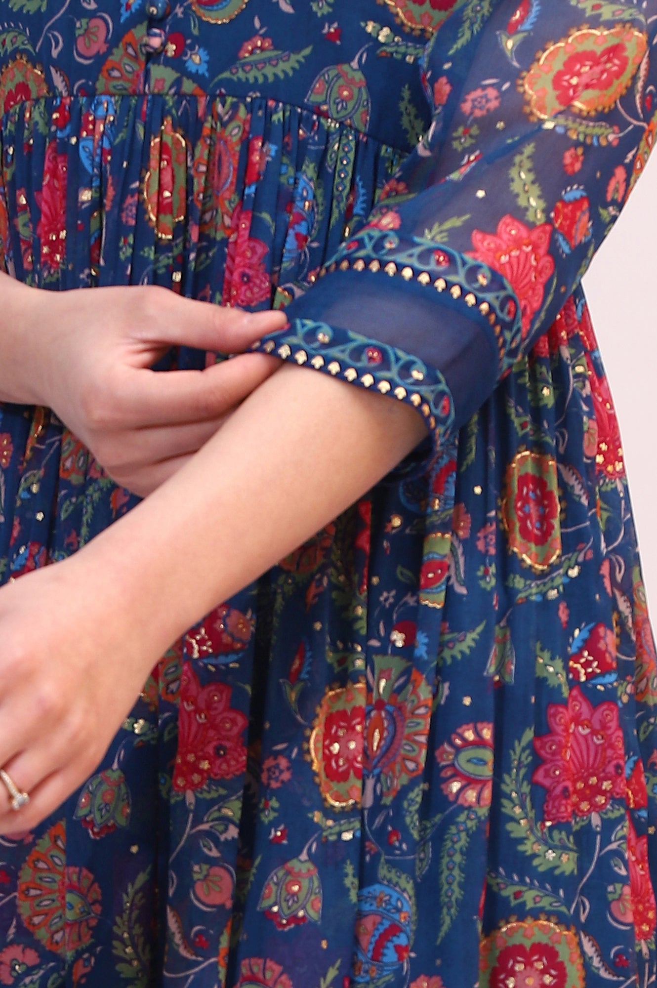 Blue Chintz Floral Printed Chiffon Anarkali Kurta, Straight Pants and Dupatta Set