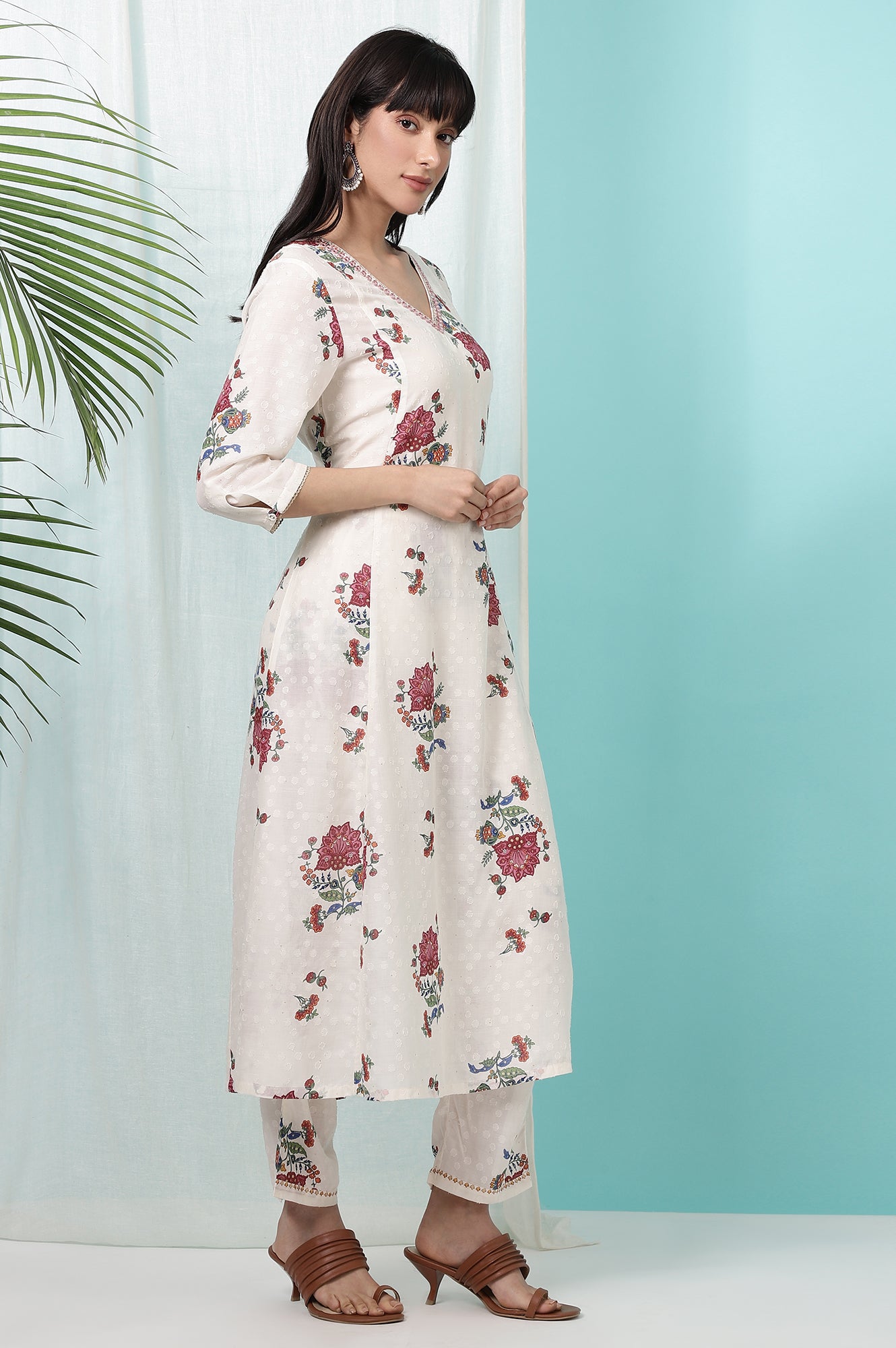 White Floral Printed Textured Dobby A-line Kurta and Pants Co-ord Set