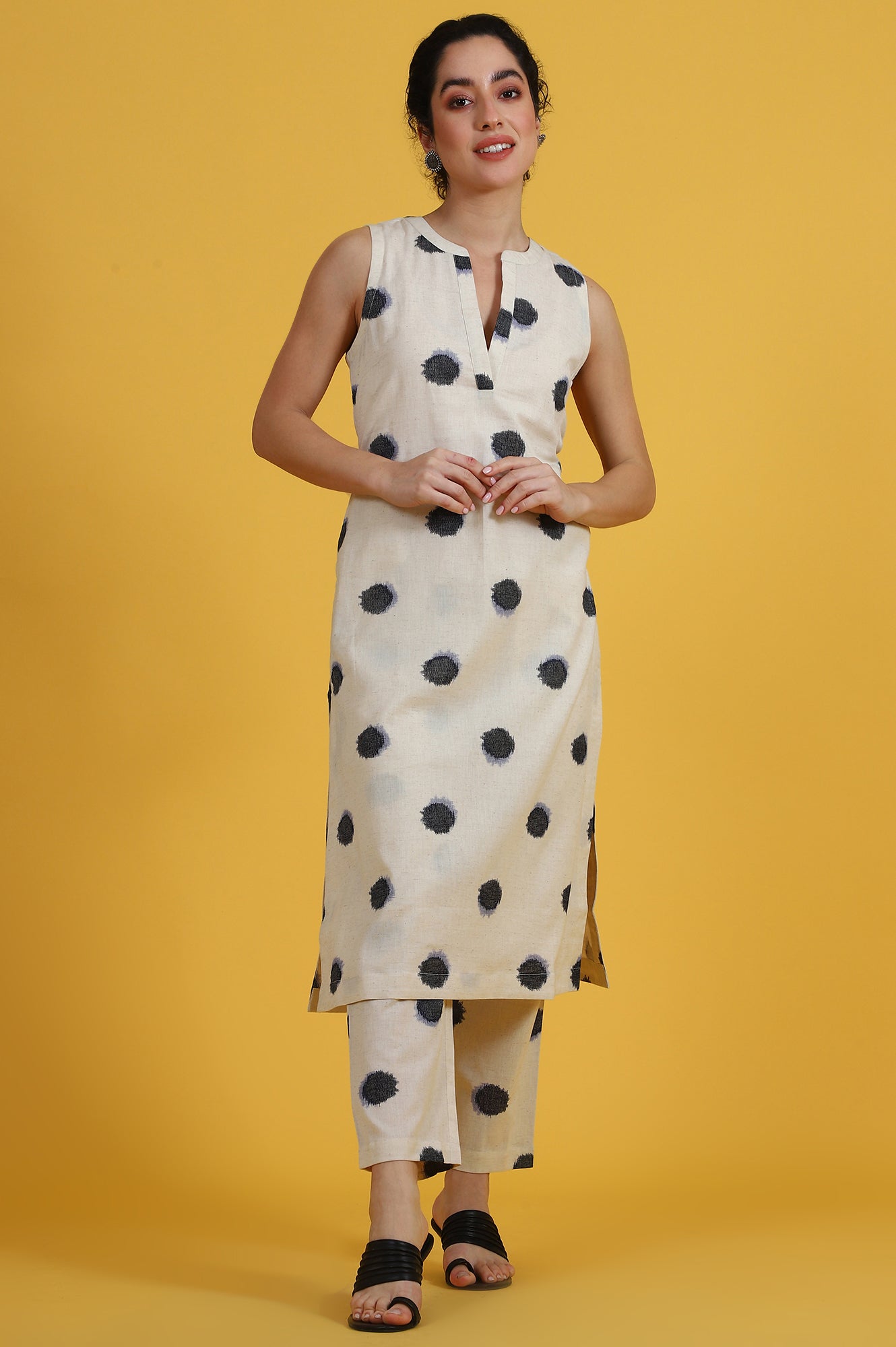 White Polka Dots Cotton Flax A-line Kurta and Pants Co-ord Set