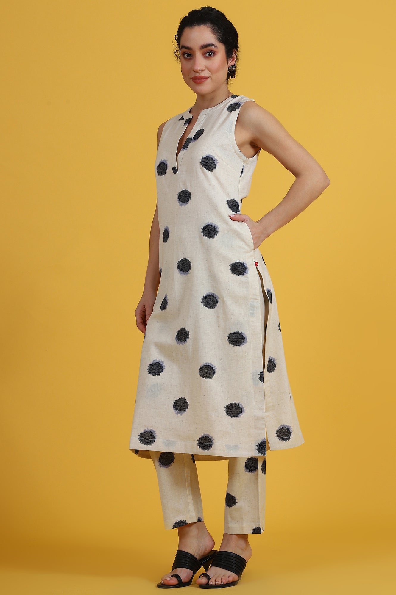 White Polka Dots Cotton Flax A-line Kurta and Pants Co-ord Set