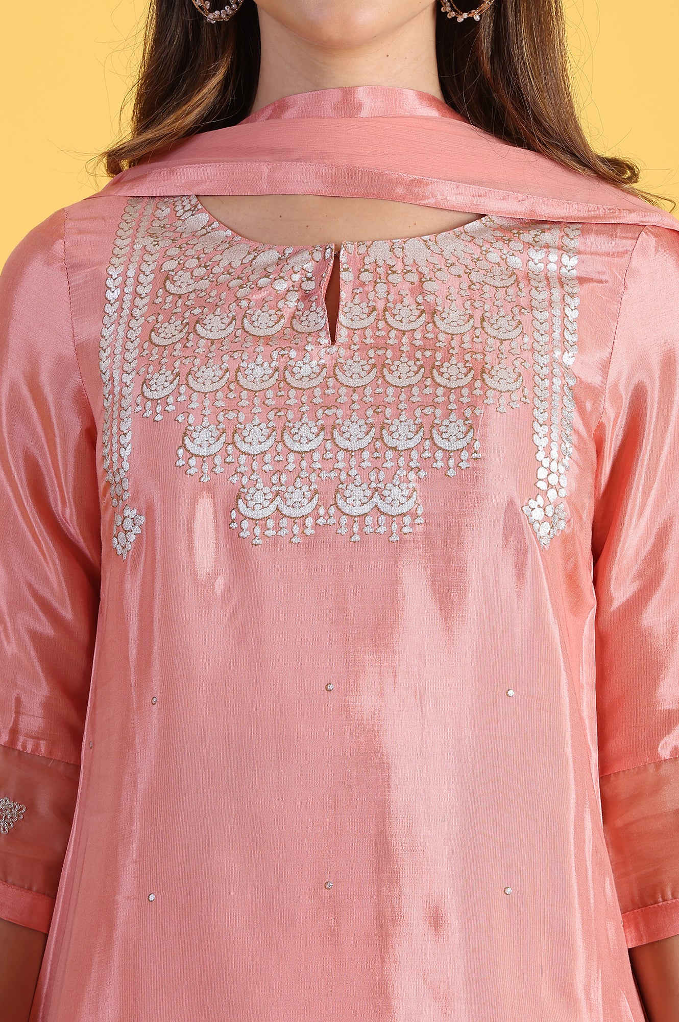 Pink Printed Shantung Straight Kurta, Pants and Dupatta Set