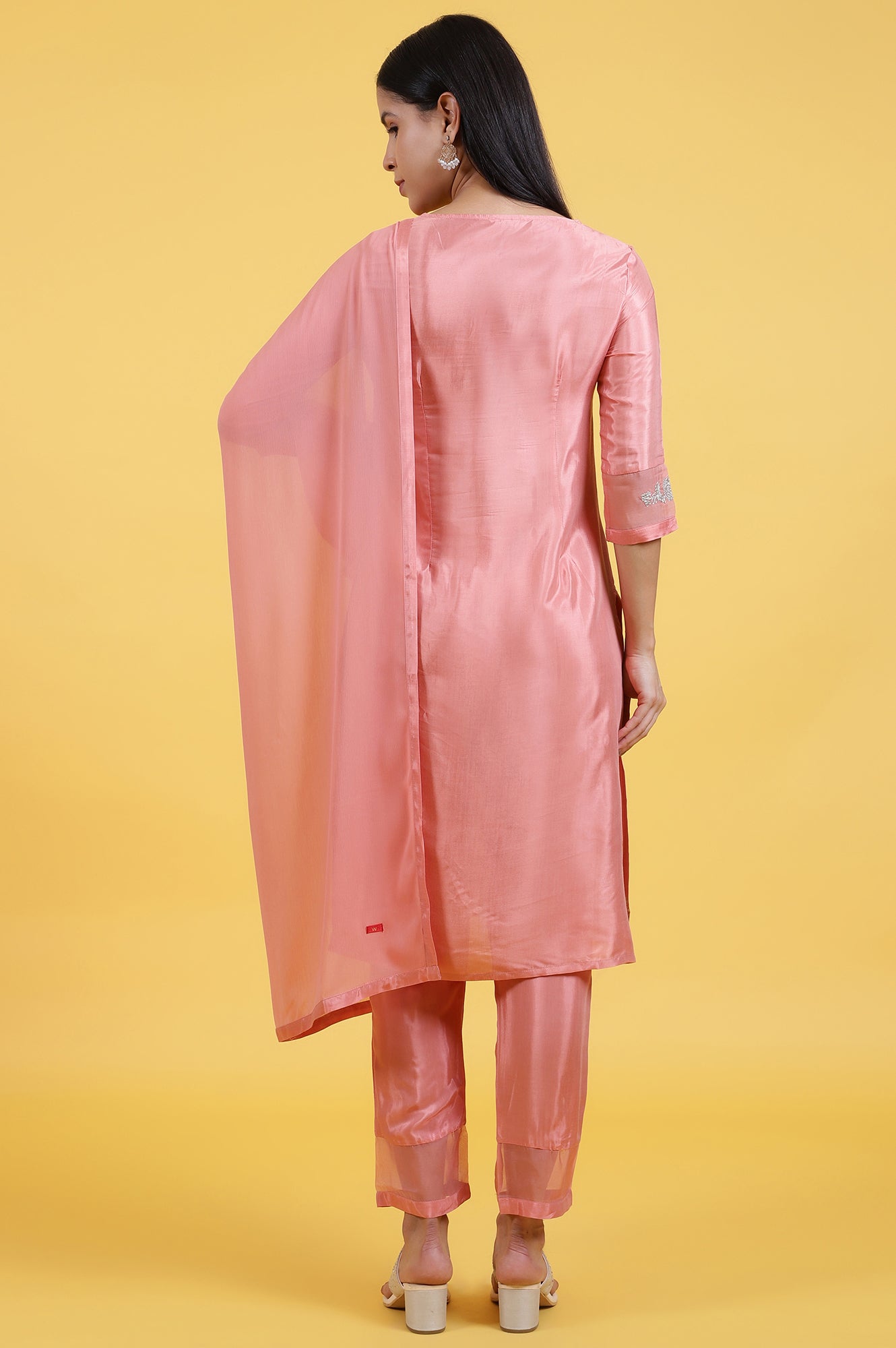 Pink Foil Printed Shantung Straight Kurta, Pants and Dupatta Set