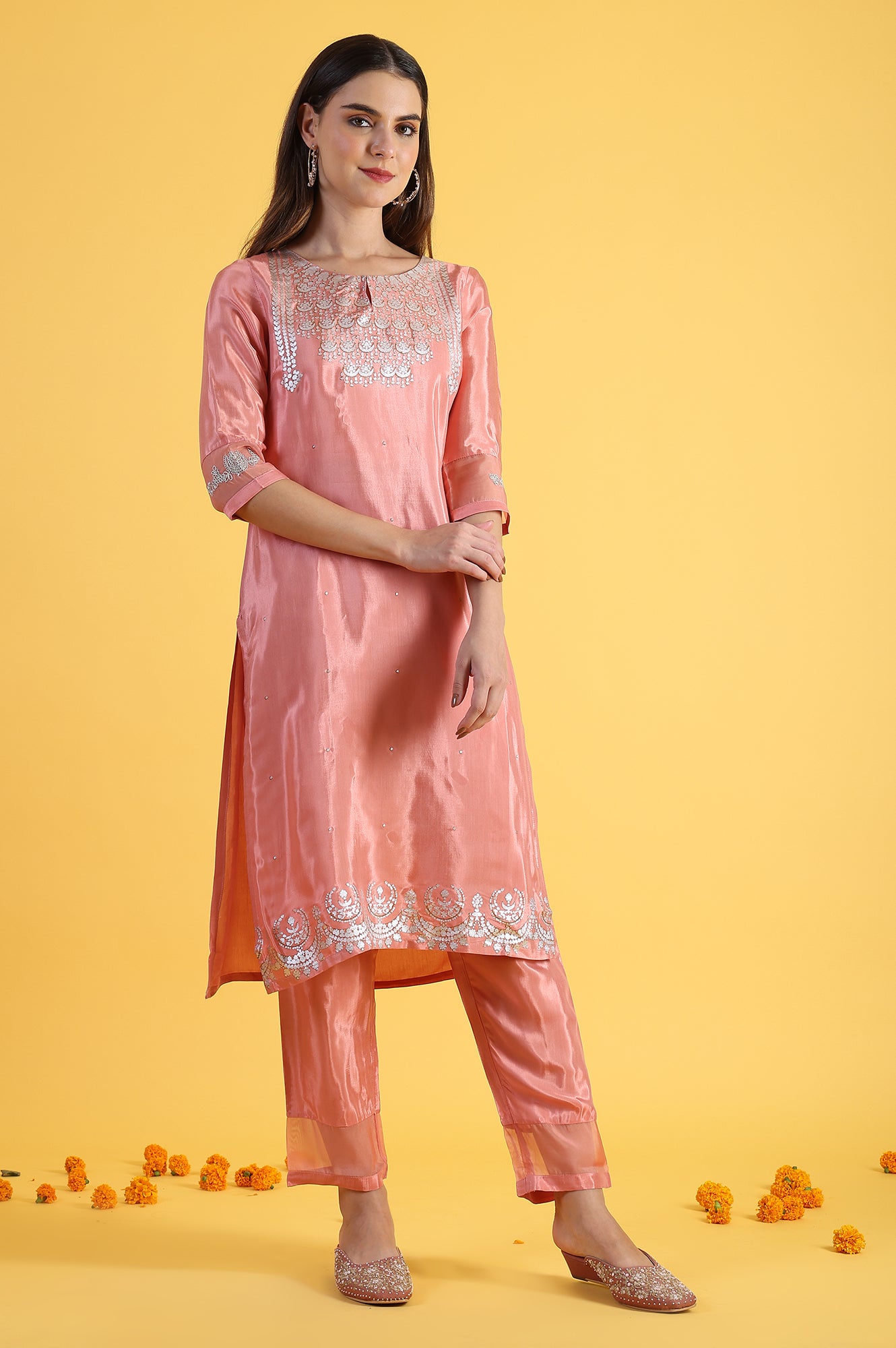 Pink Printed Shantung Straight Kurta, Pants and Dupatta Set
