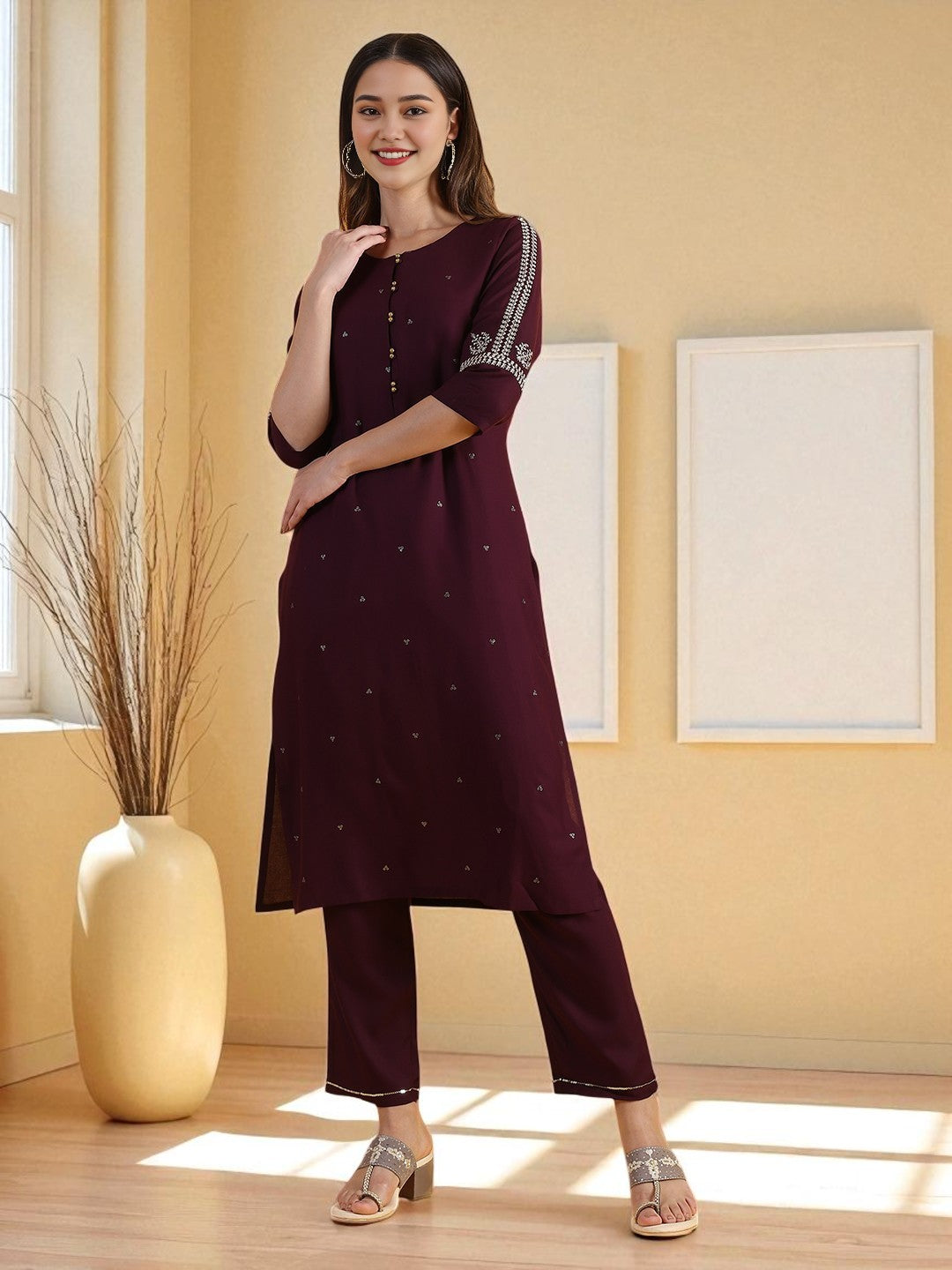 Purple Embroidered Straight Kurta and Straight Pants Set with Sequin Work