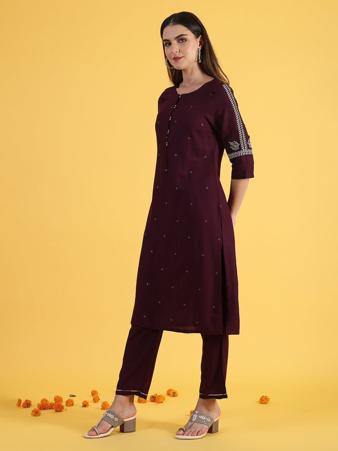 Purple Embroidered Straight Kurta and Straight Pants Set with Sequin Work