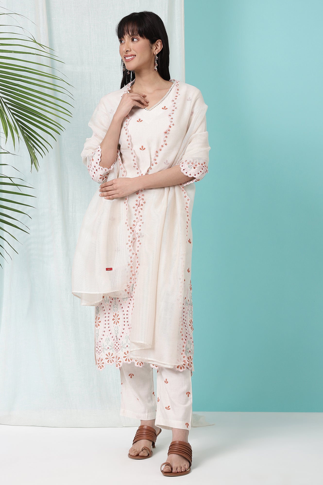 Off-White Schiffli Embroidered Rayon Flax Straight Kurta and Pants Set with Dupatta