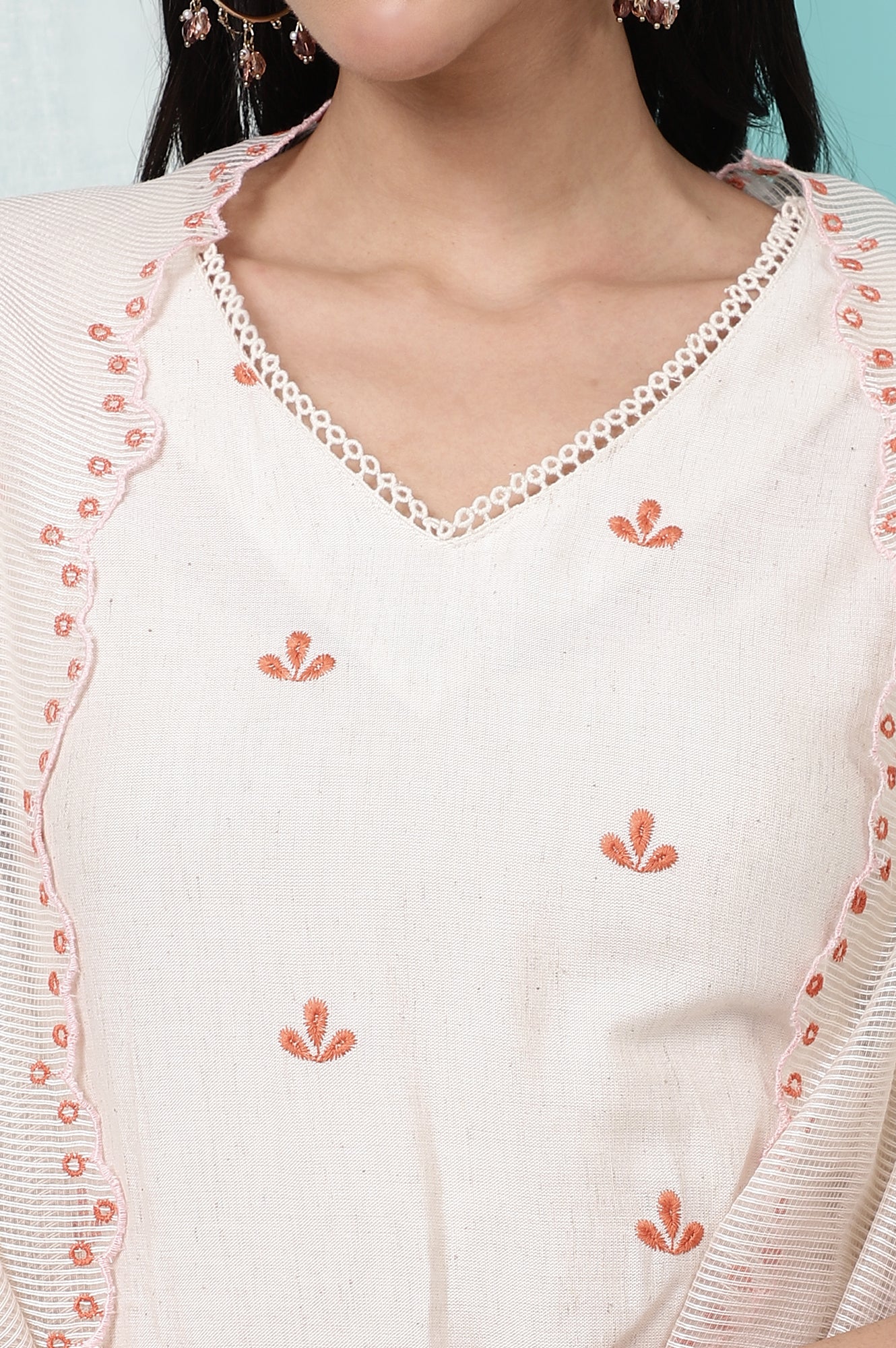 Off-White Schiffli Embroidered Rayon Flax Straight Kurta and Pants Set with Dupatta