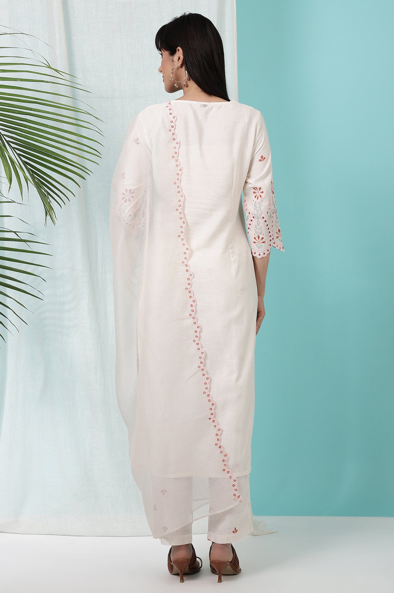 Off-White Schiffli Embroidered Rayon Flax Straight Kurta and Pants Set with Dupatta