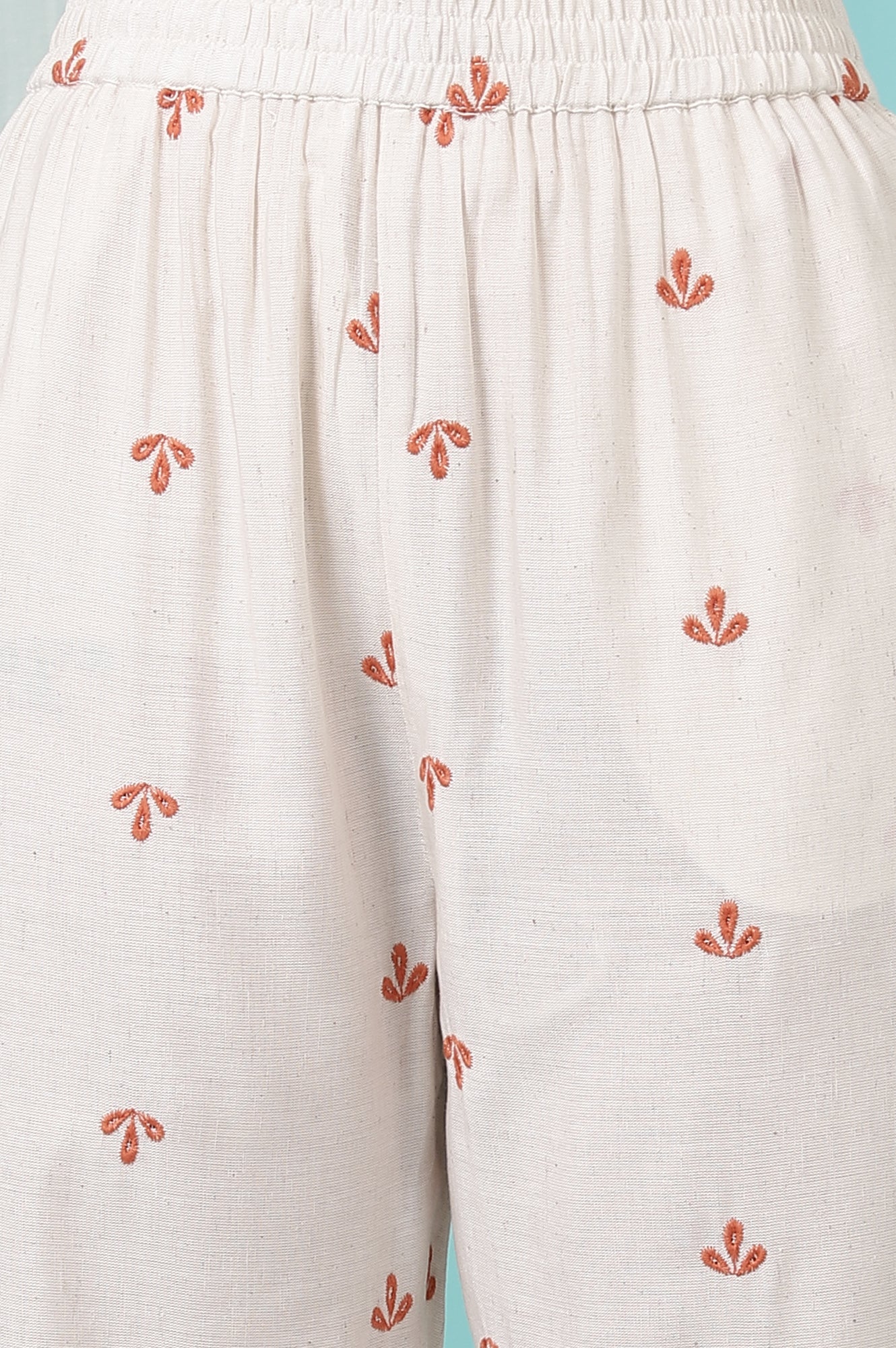 Off-White Schiffli Embroidered Rayon Flax Straight Kurta and Pants Set with Dupatta