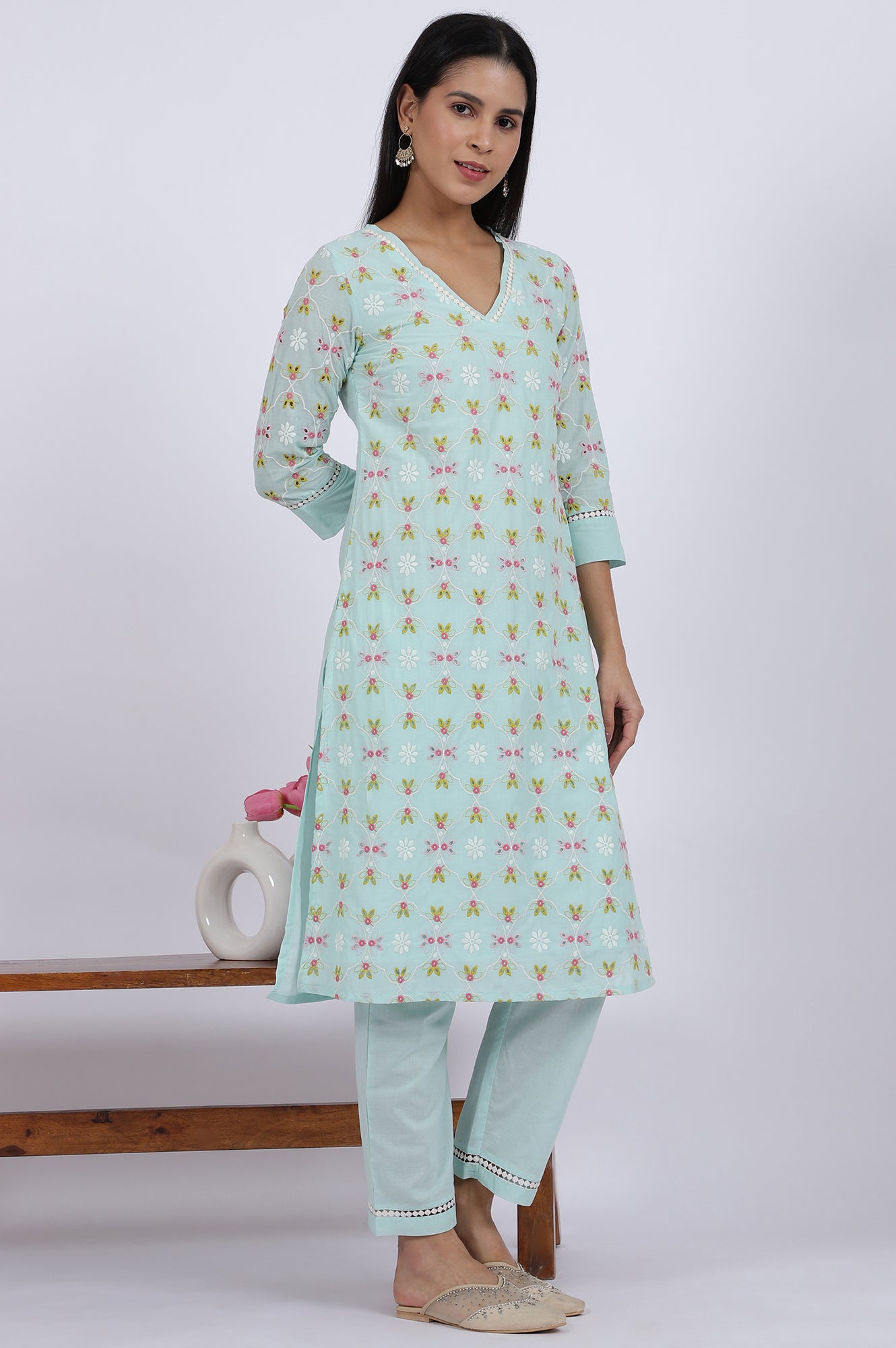 Blue Embroidered Lace Pure Cotton Straight Kurta & Straight Pant Set