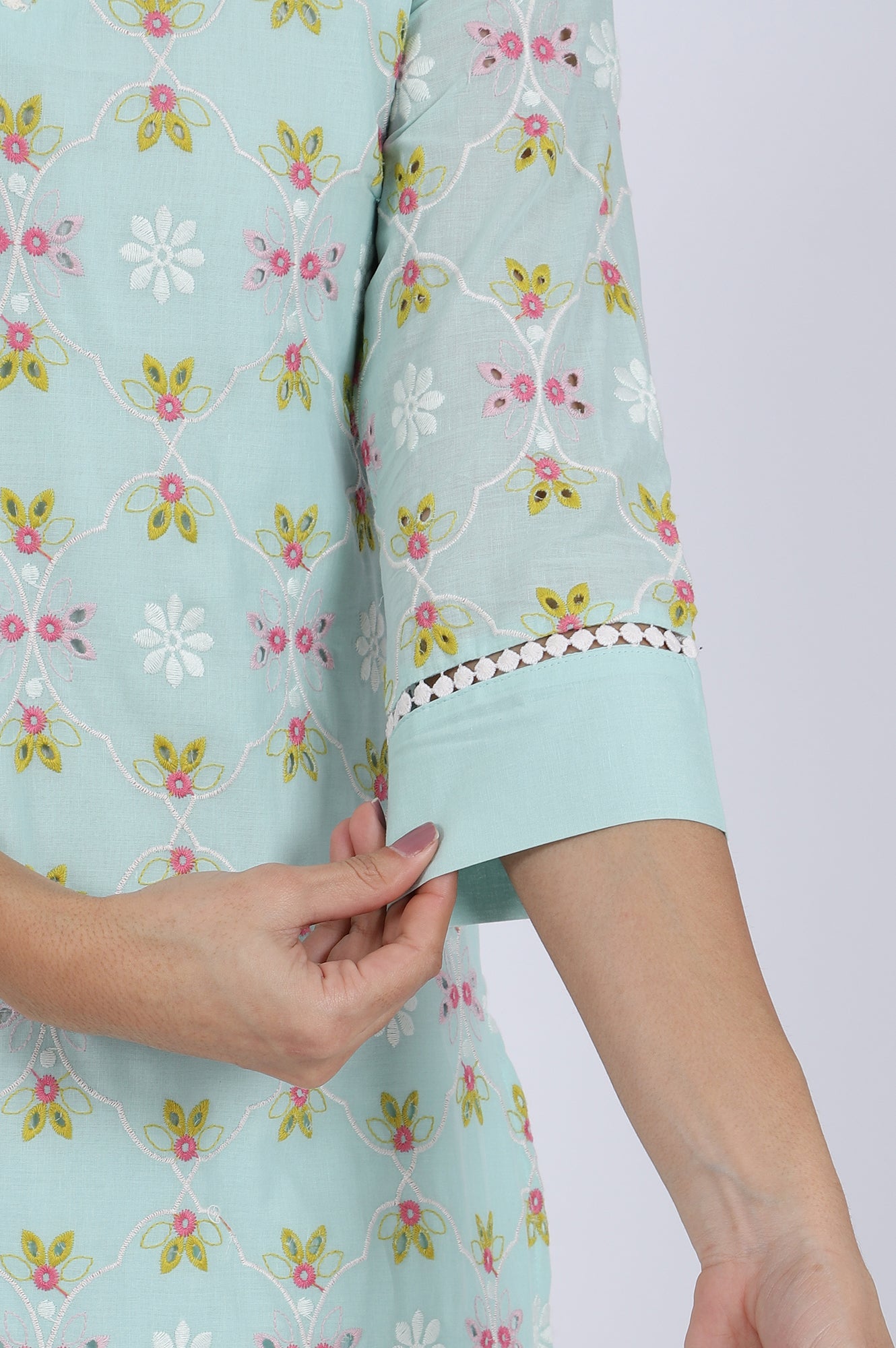 Blue Embroidered Lace Pure Cotton Straight Kurta & Straight Pant Set