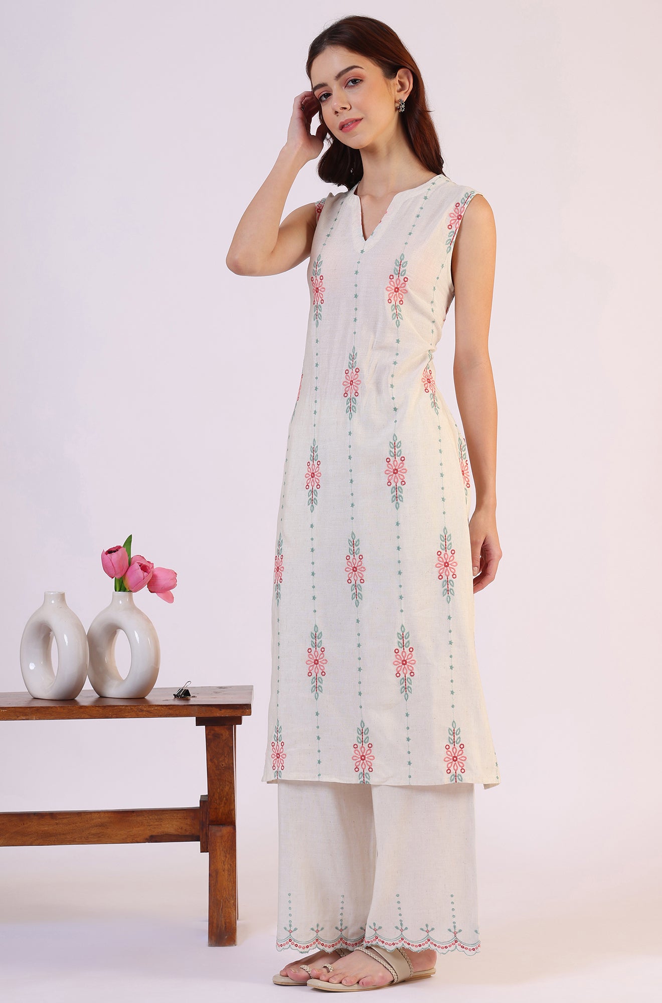 Beige Embroidered Straight Rayon Kurta & Parallel Pant Set