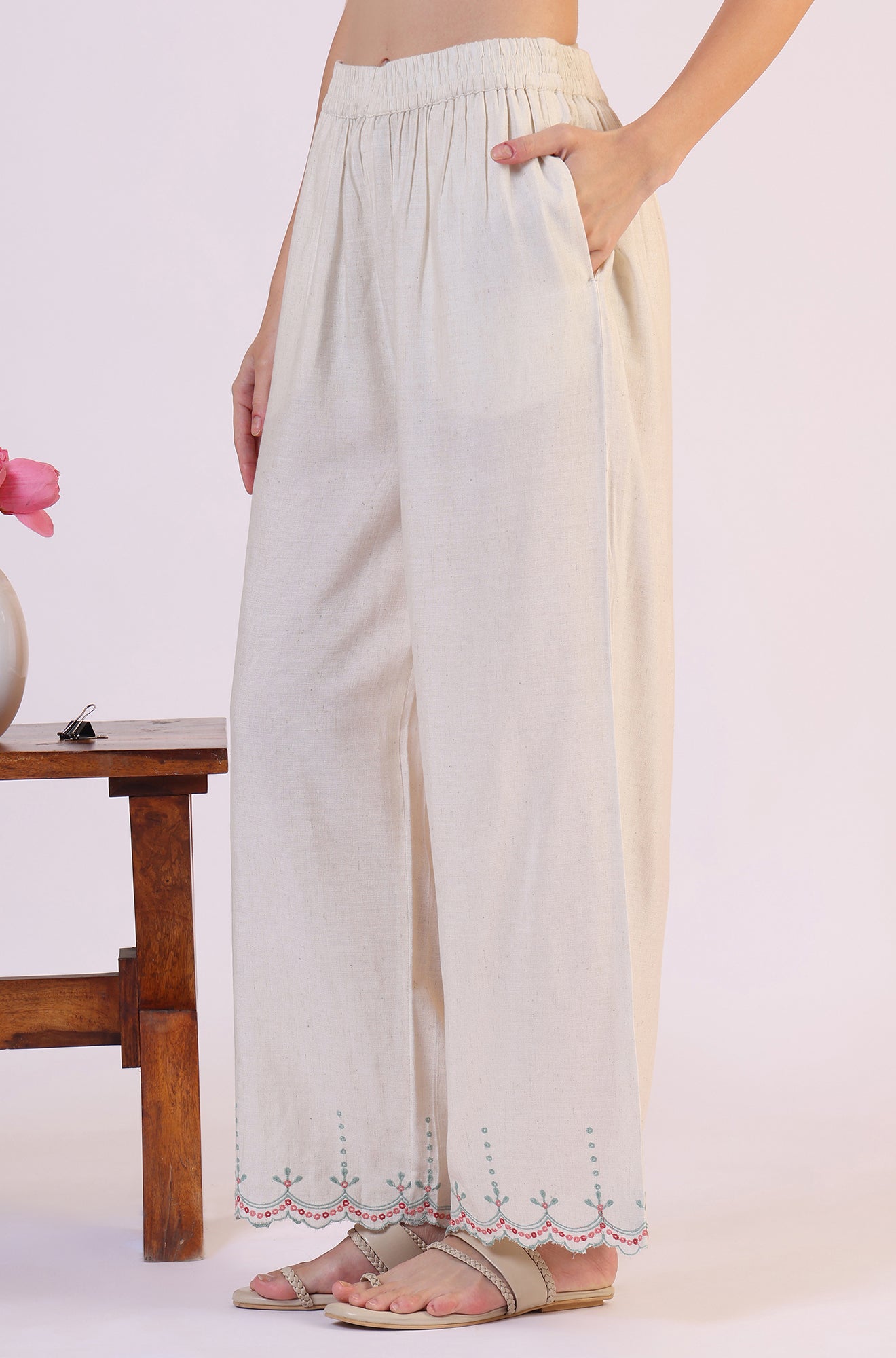 Beige Embroidered Straight Rayon Kurta & Parallel Pant Set