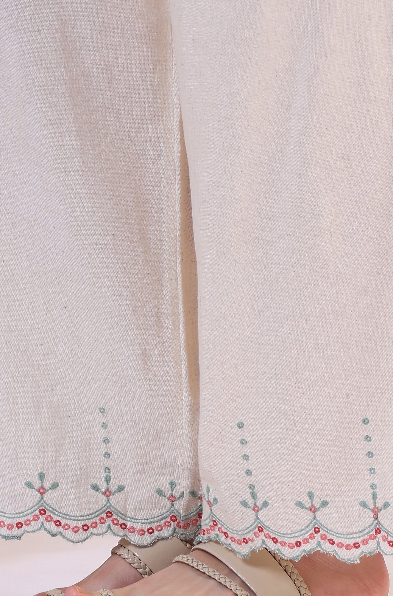 Beige Embroidered Straight Rayon Kurta & Parallel Pant Set