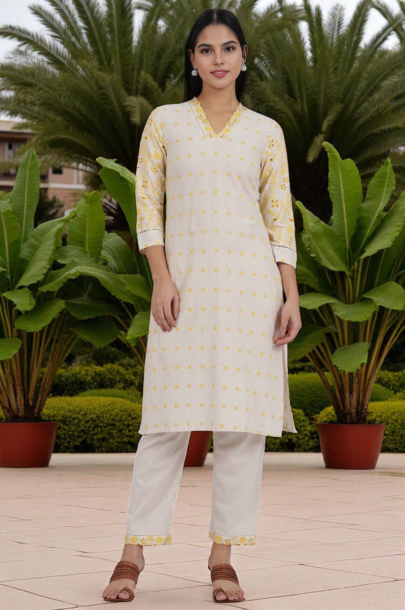 Beige Embroidered Lace Cotton Blend Straight Kurta & Straight Pant Set
