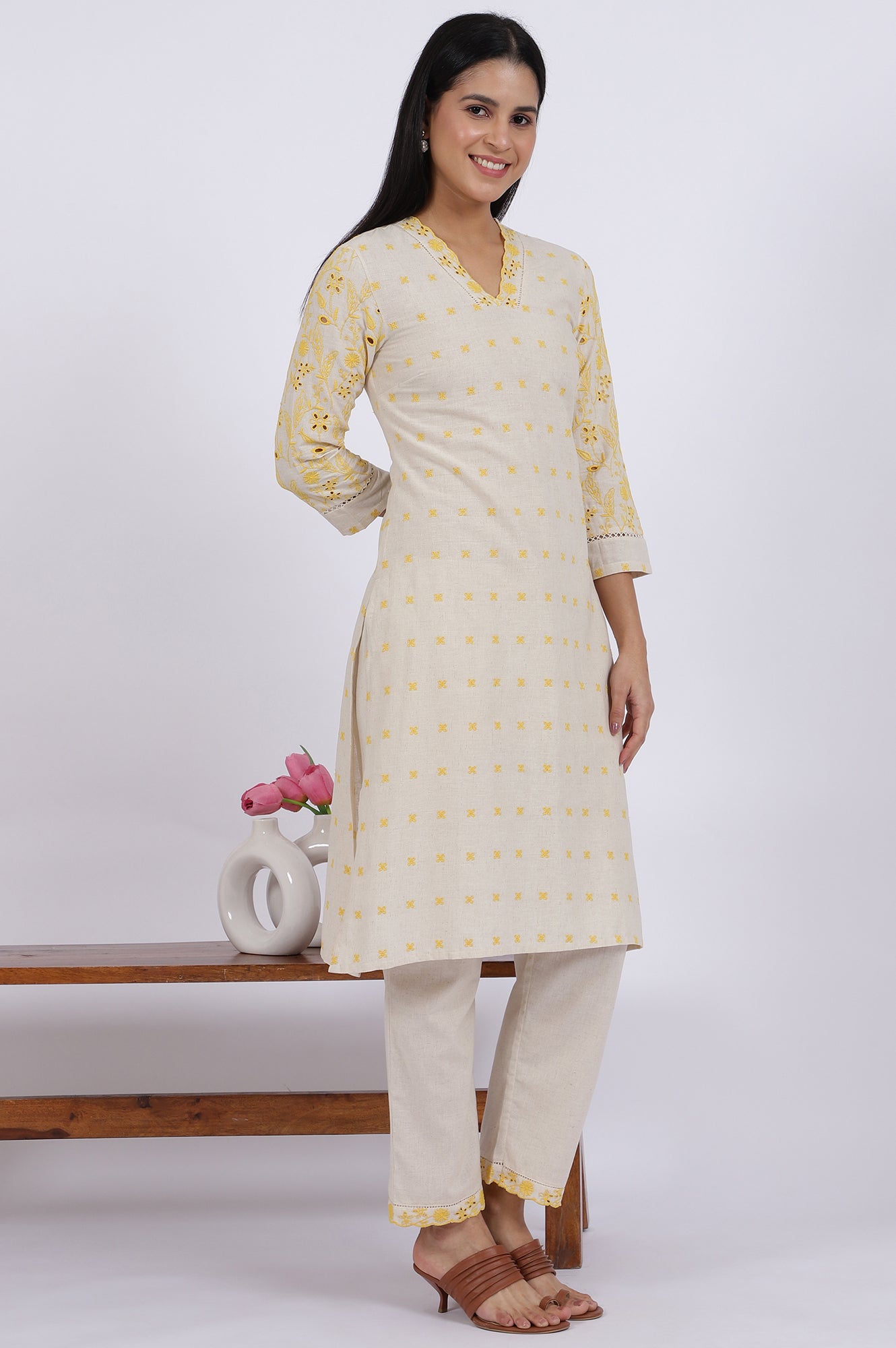 Beige Embroidered Lace Cotton Blend Straight Kurta & Straight Pant Set