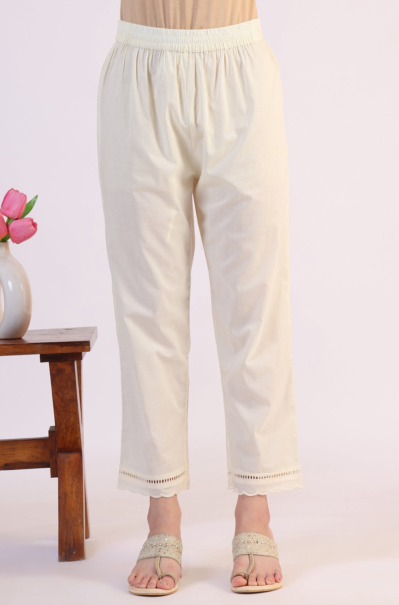 White Embroidered Lace Straight Pure Cotton Kurta & Straight Pant With Dupatta Set