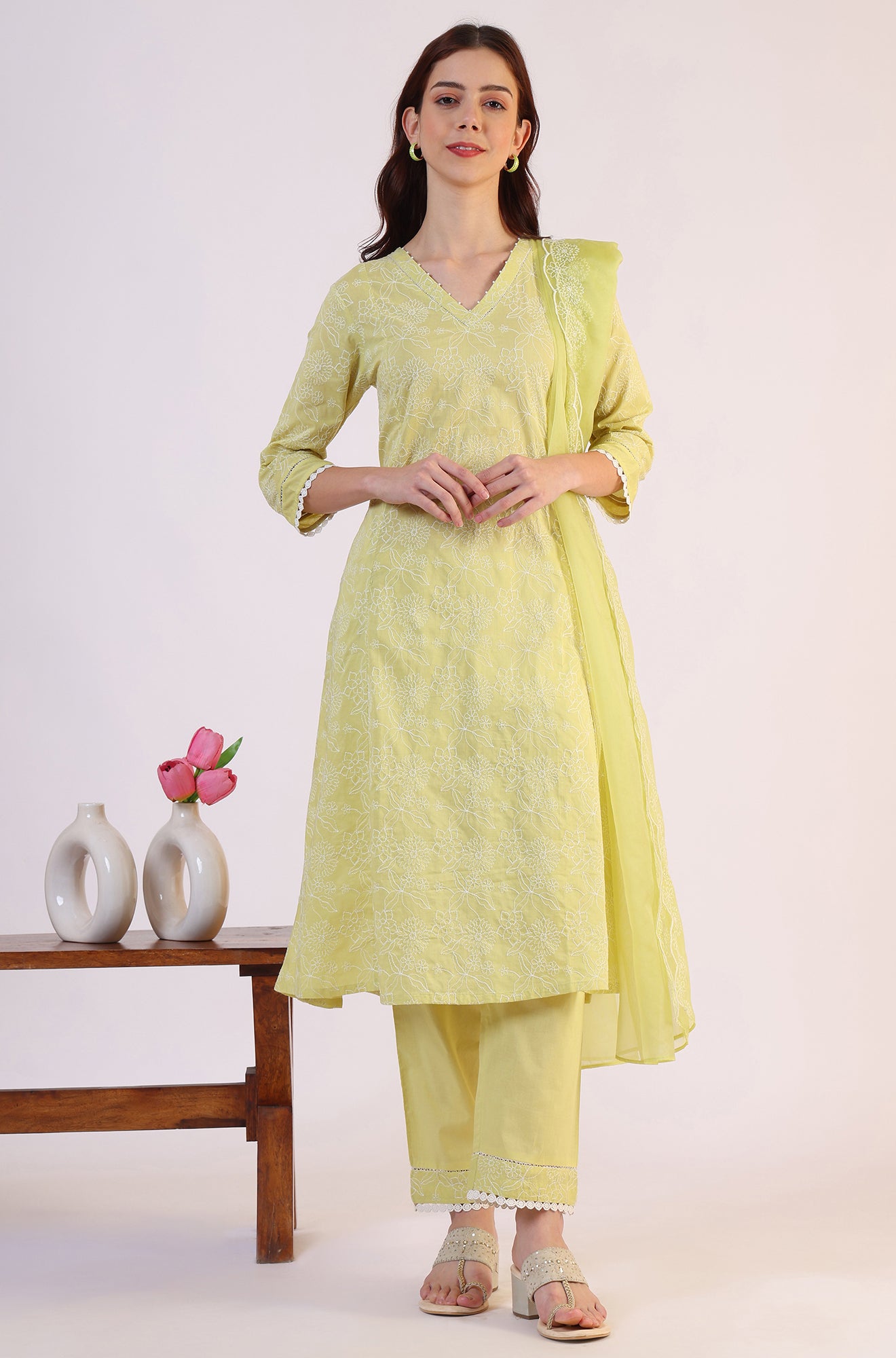 Green Embroidered Lace Flared Pure Cotton Kurta & Straight Pant With Dupatta Set