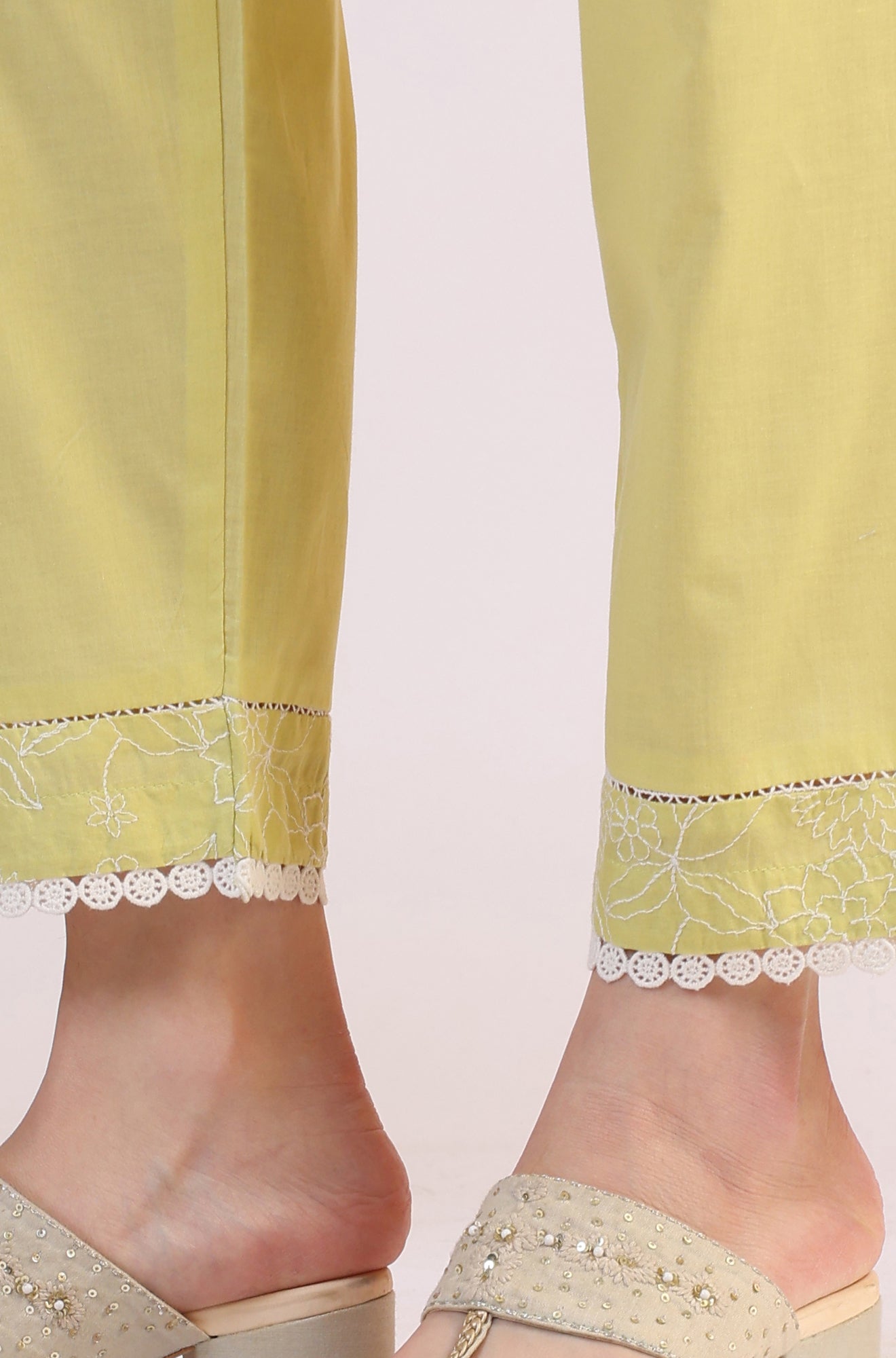 Green Embroidered Lace Flared Pure Cotton Kurta & Straight Pant With Dupatta Set