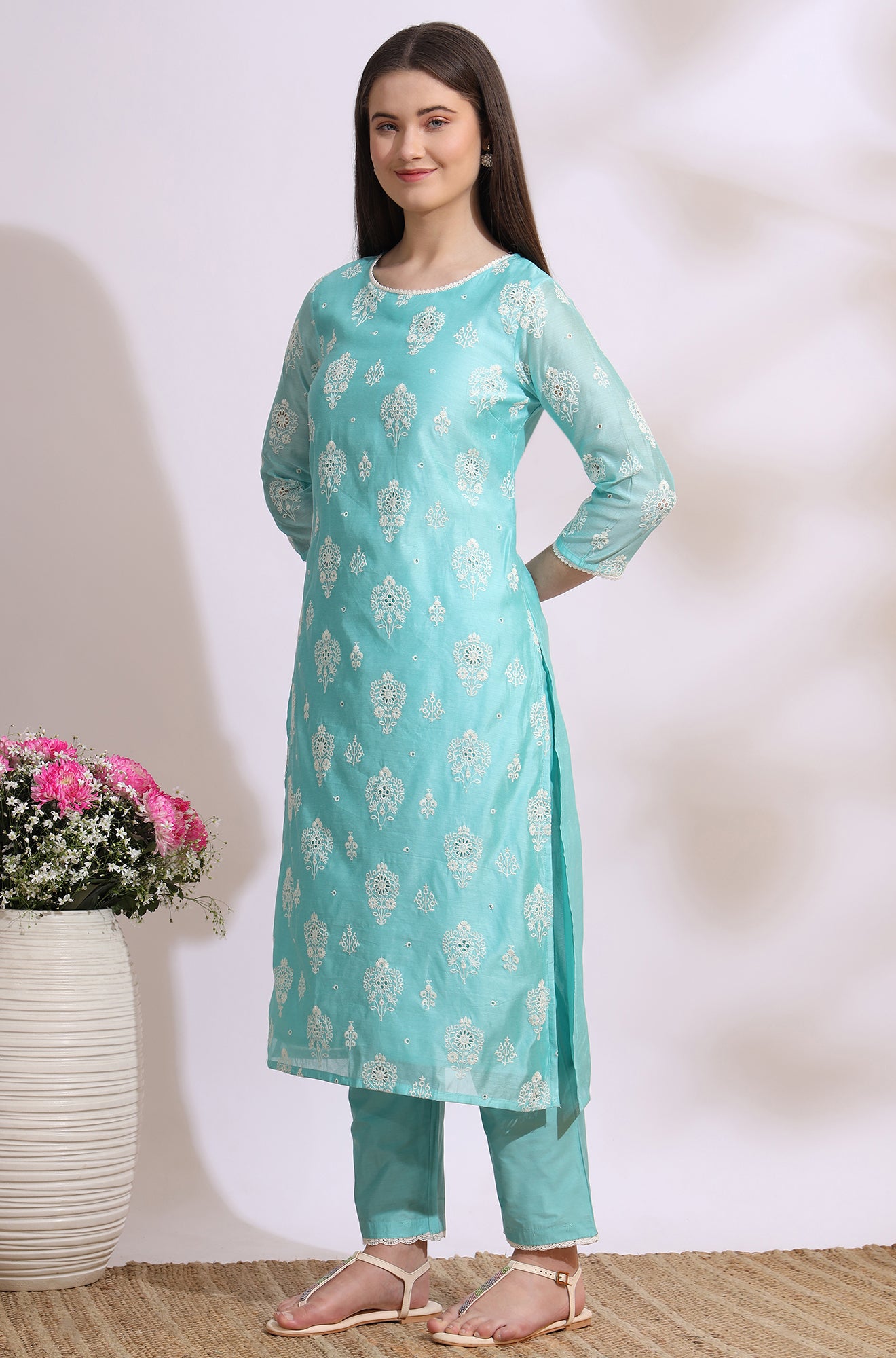 Turquiose Blue Schiffli Embroidered Straight Kurta, Pants and Dupatta Set