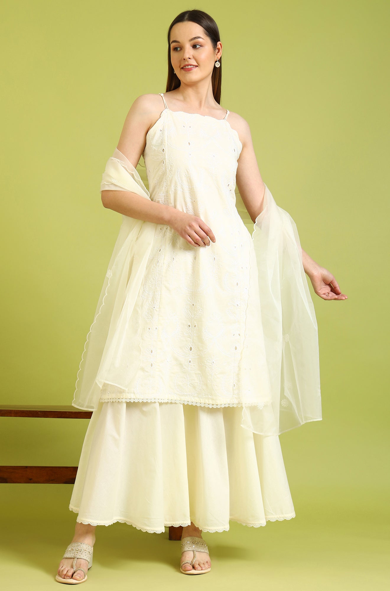 White Embroidered Pure Cotton Straight Spaghetti Kurta and Sharara Set with Dupatta