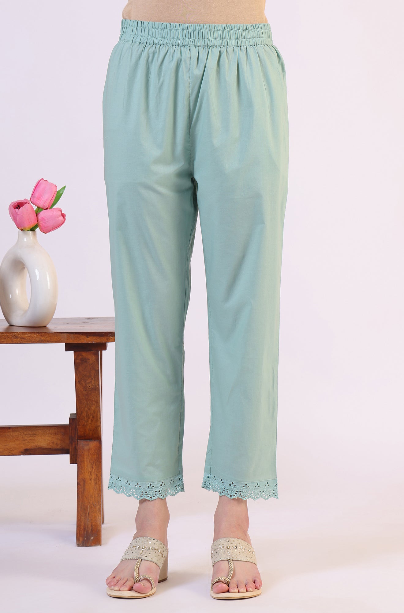 Sea Green Schiffili Embroidered Pure Cotton Flared Kurta and Straight Pants Set