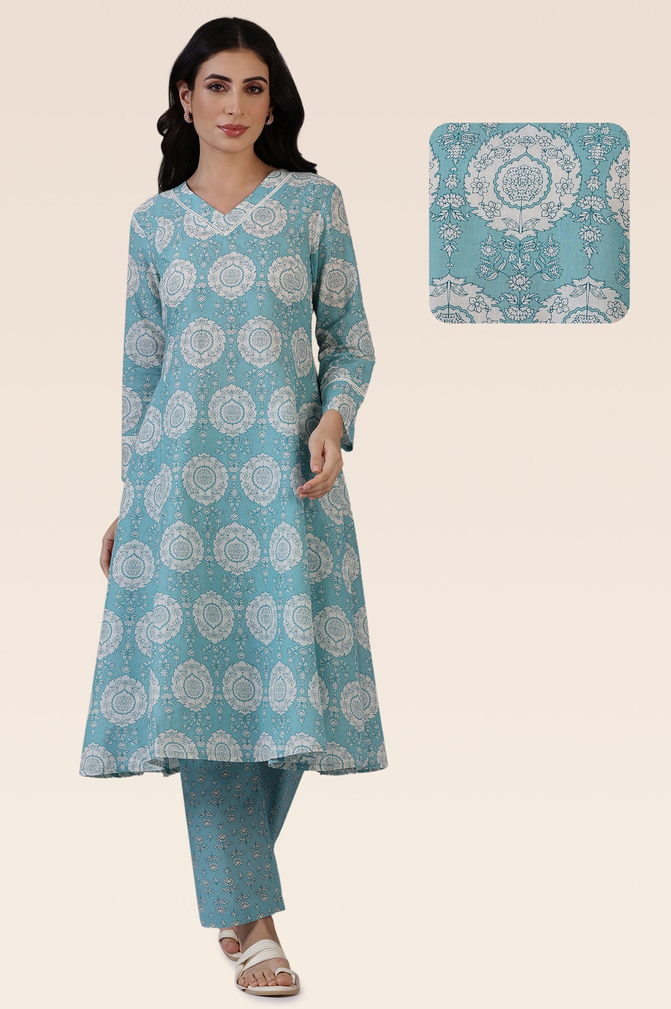 Blue Floral Printed A-line Pure Cotton Kurta and Pants Co-ord Set