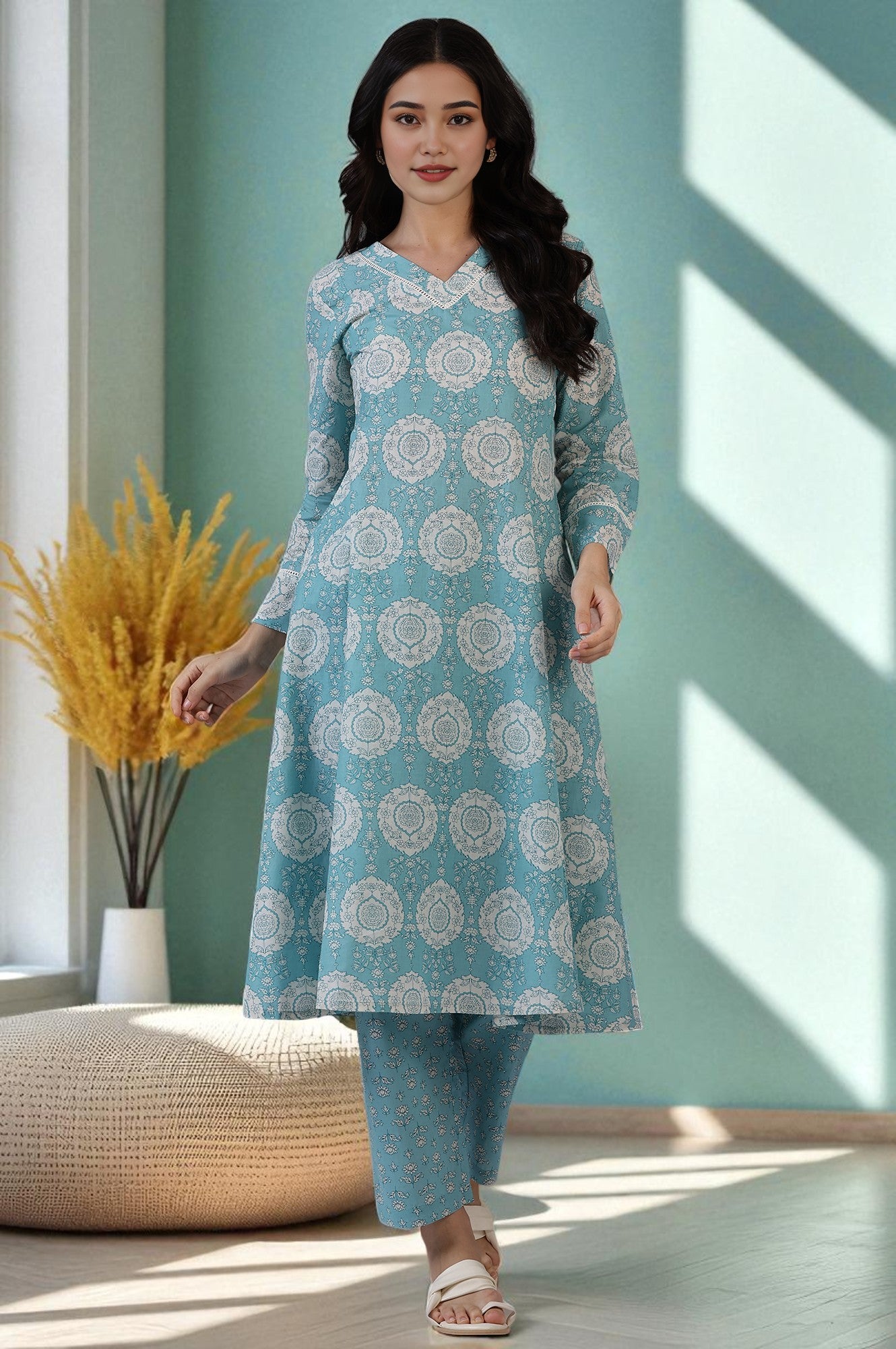 Buy Blue Floral Printed A-line Pure Cotton Kurta and Pants Co-ord Set  Online for Woman | WforWoman