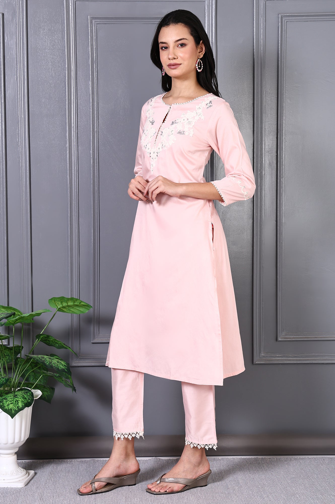 Peach Printed Thread Embroidered A-line Kurta Set