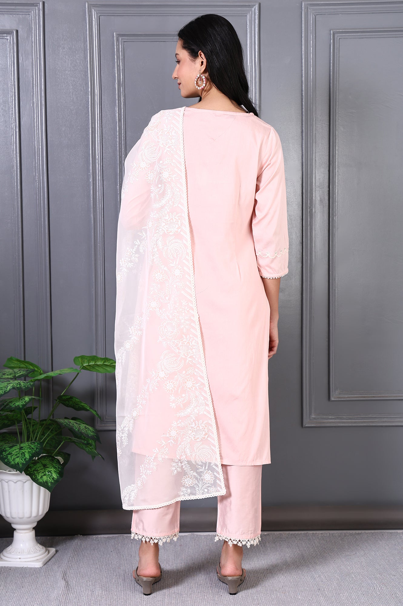 Peach Printed Thread Embroidered A-line Kurta Set