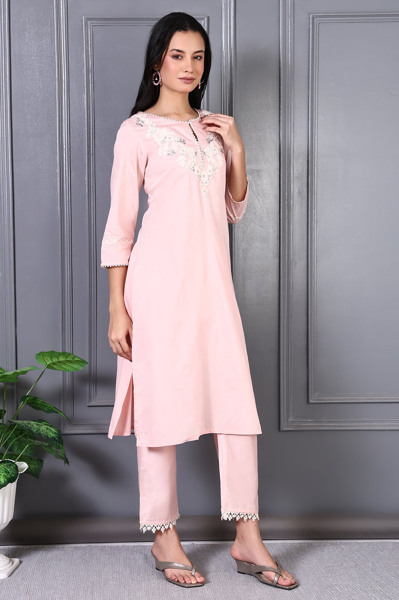 Peach Printed Thread Embroidered A-line Kurta Set