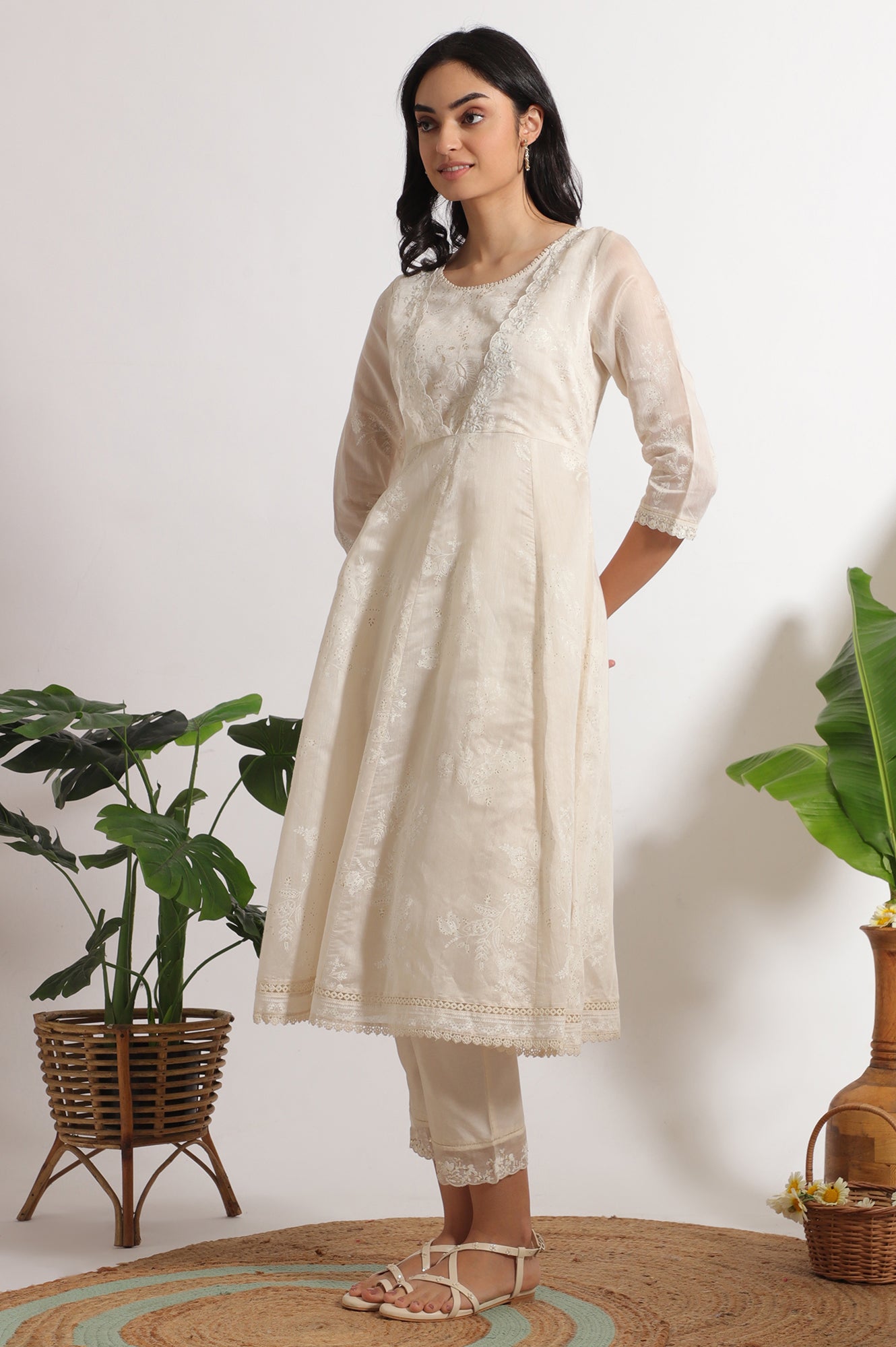 White Printed Mock Layered Flared Chanderi Kurta, Pants and Dupatta Set