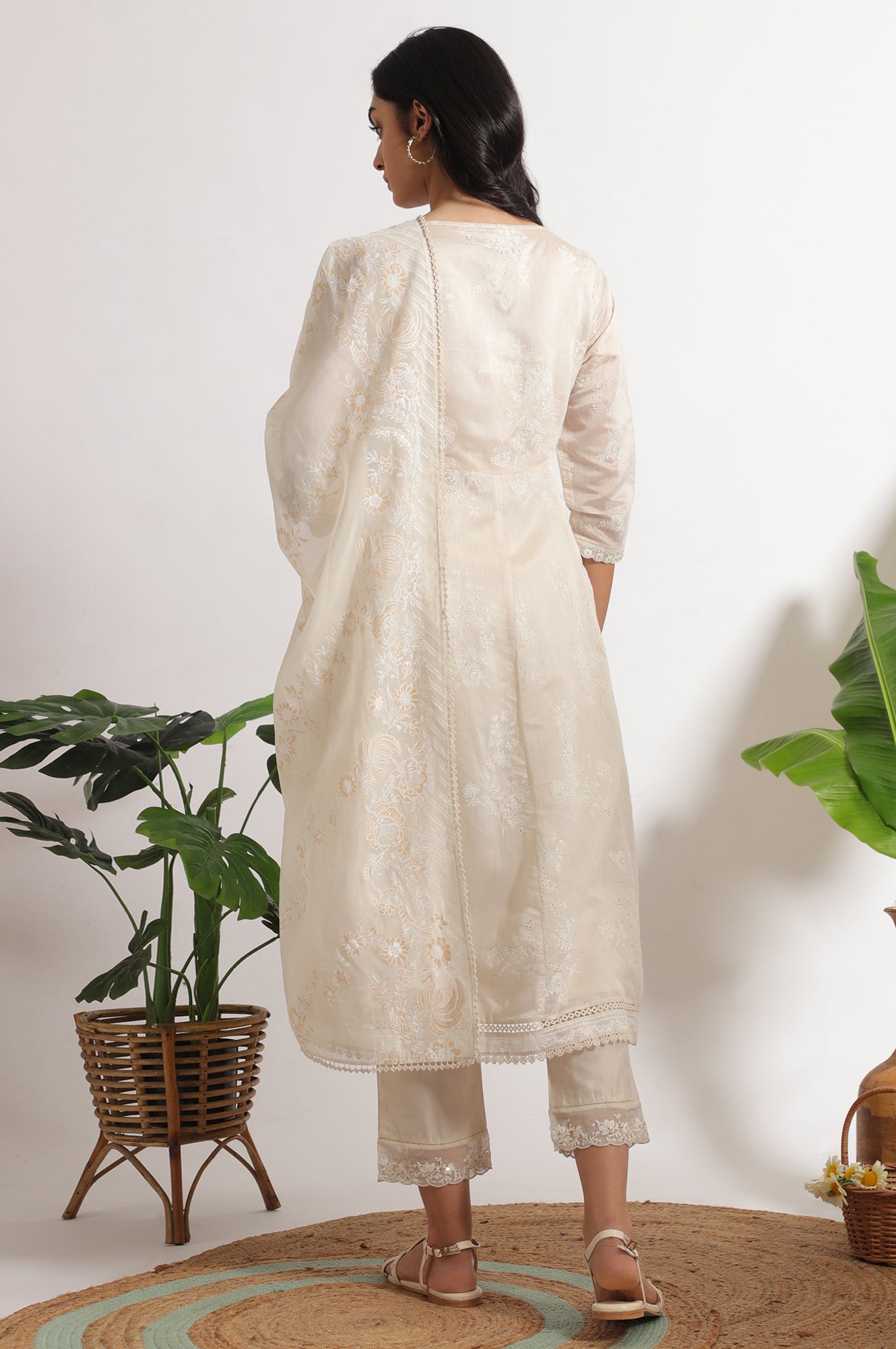 White Printed Mock Layered Flared Chanderi Kurta, Pants and Dupatta Set