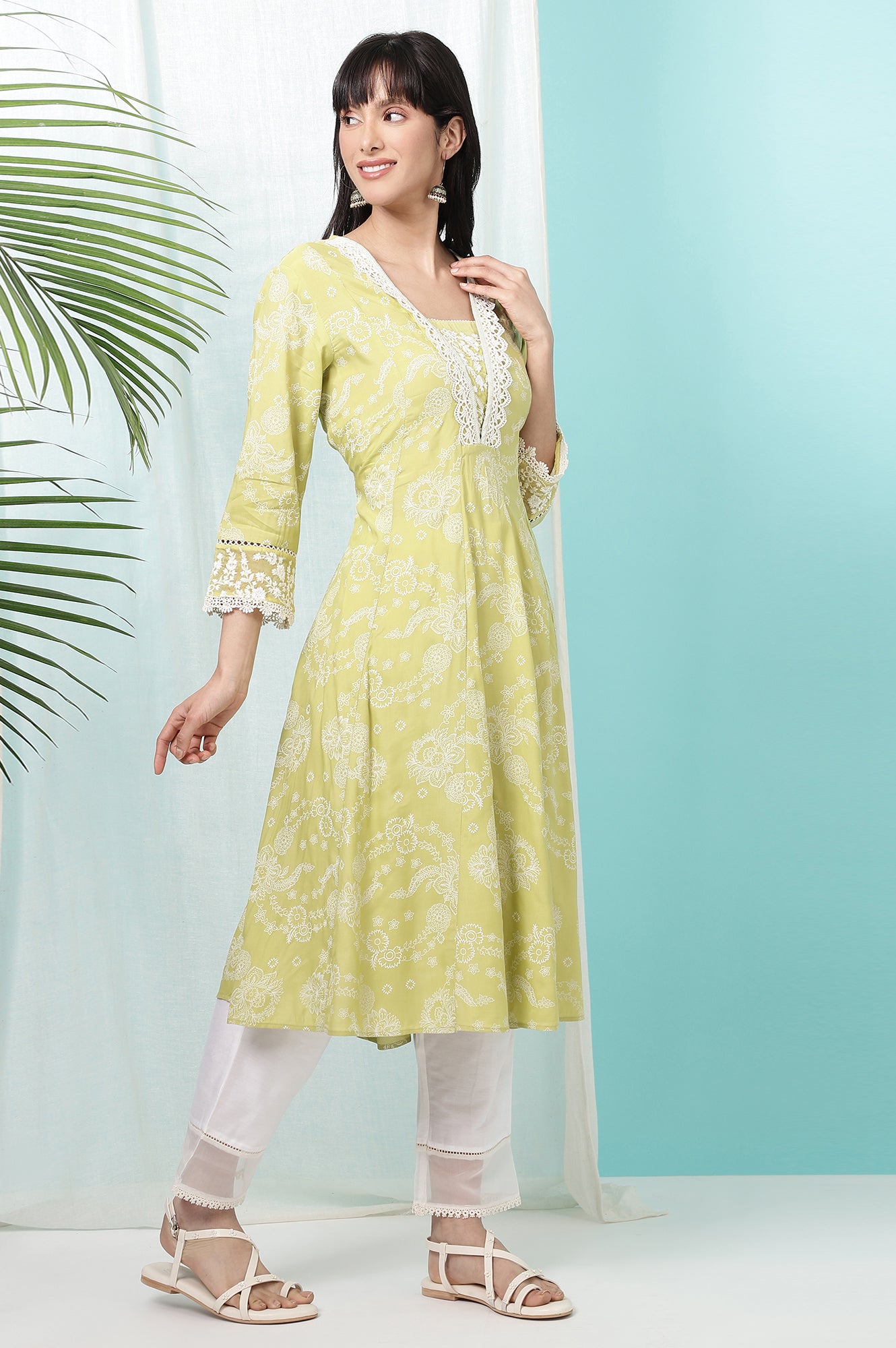 Lime Green Floral Printed Shantung Flared Kurta, Straight Pants and Dupatta Set