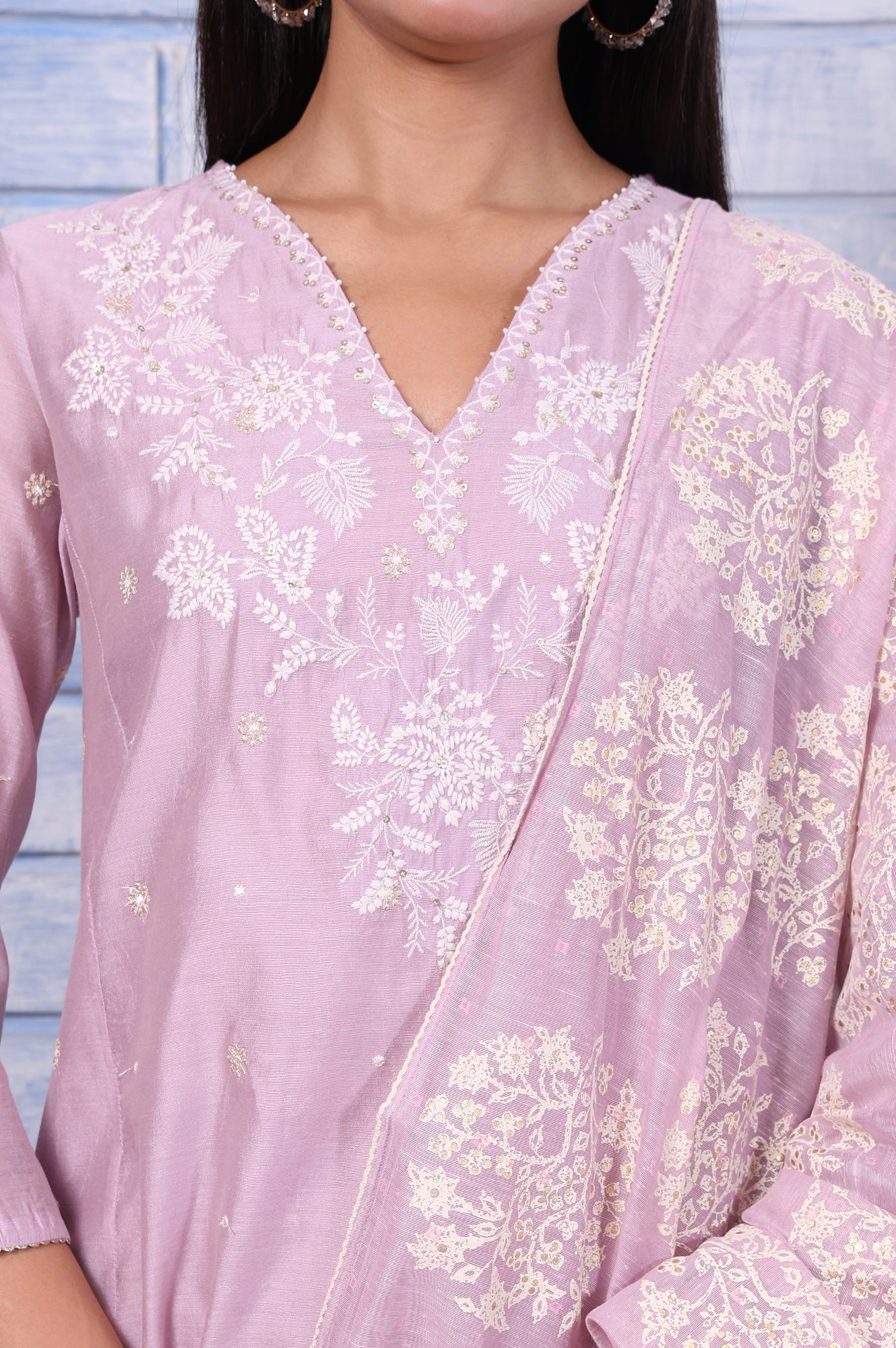 Purple Thread Embroidered Chanderi A-Line Kurta, Straight Pant And Dupatta Set