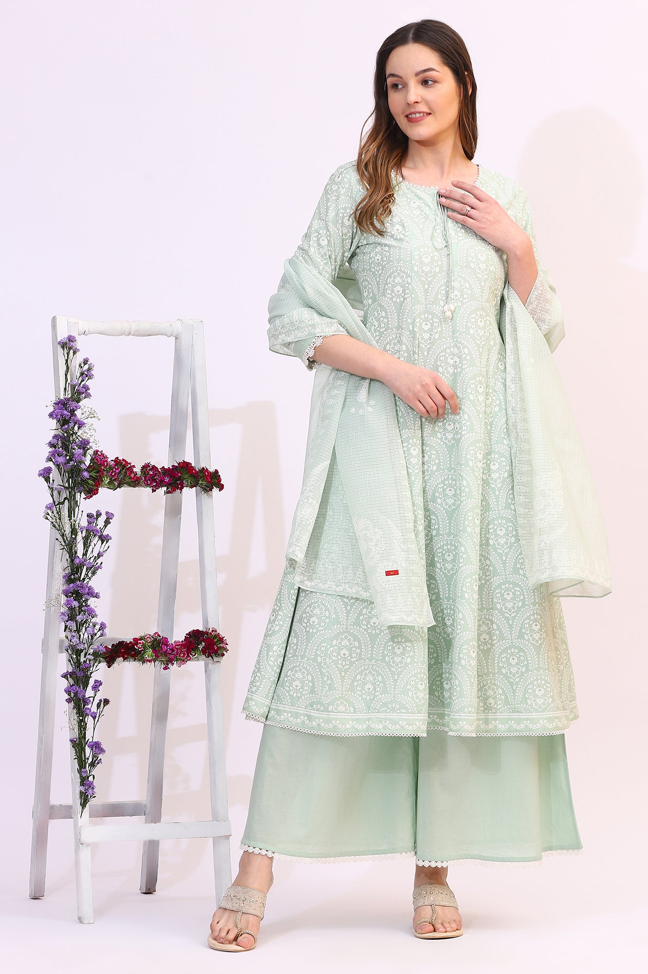 Spring Mint Green Floral Printed Flared Kurta and Flared Pants Set with Dupatta