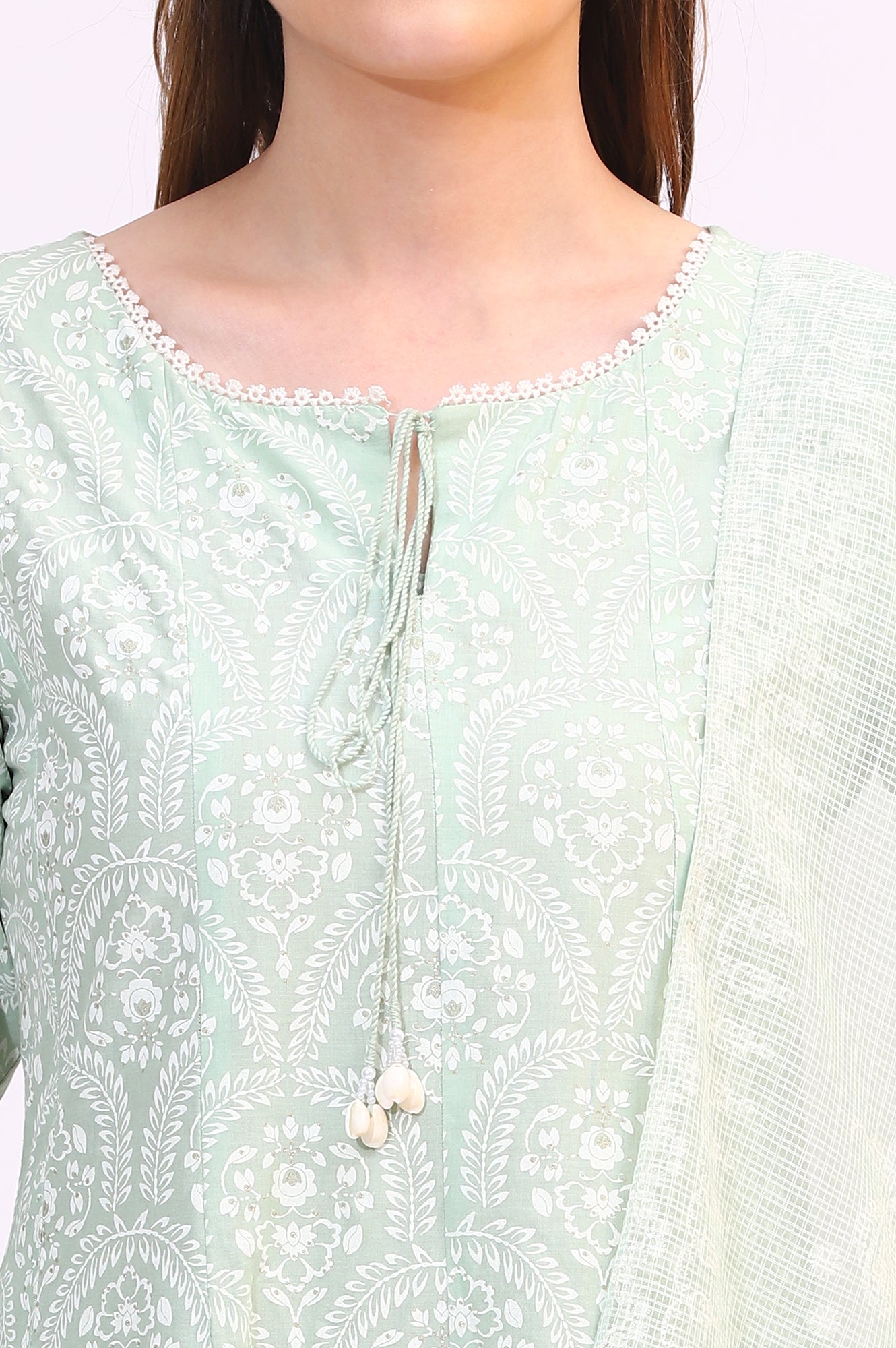 Spring Mint Green Floral Printed Flared Kurta and Flared Pants Set with Dupatta