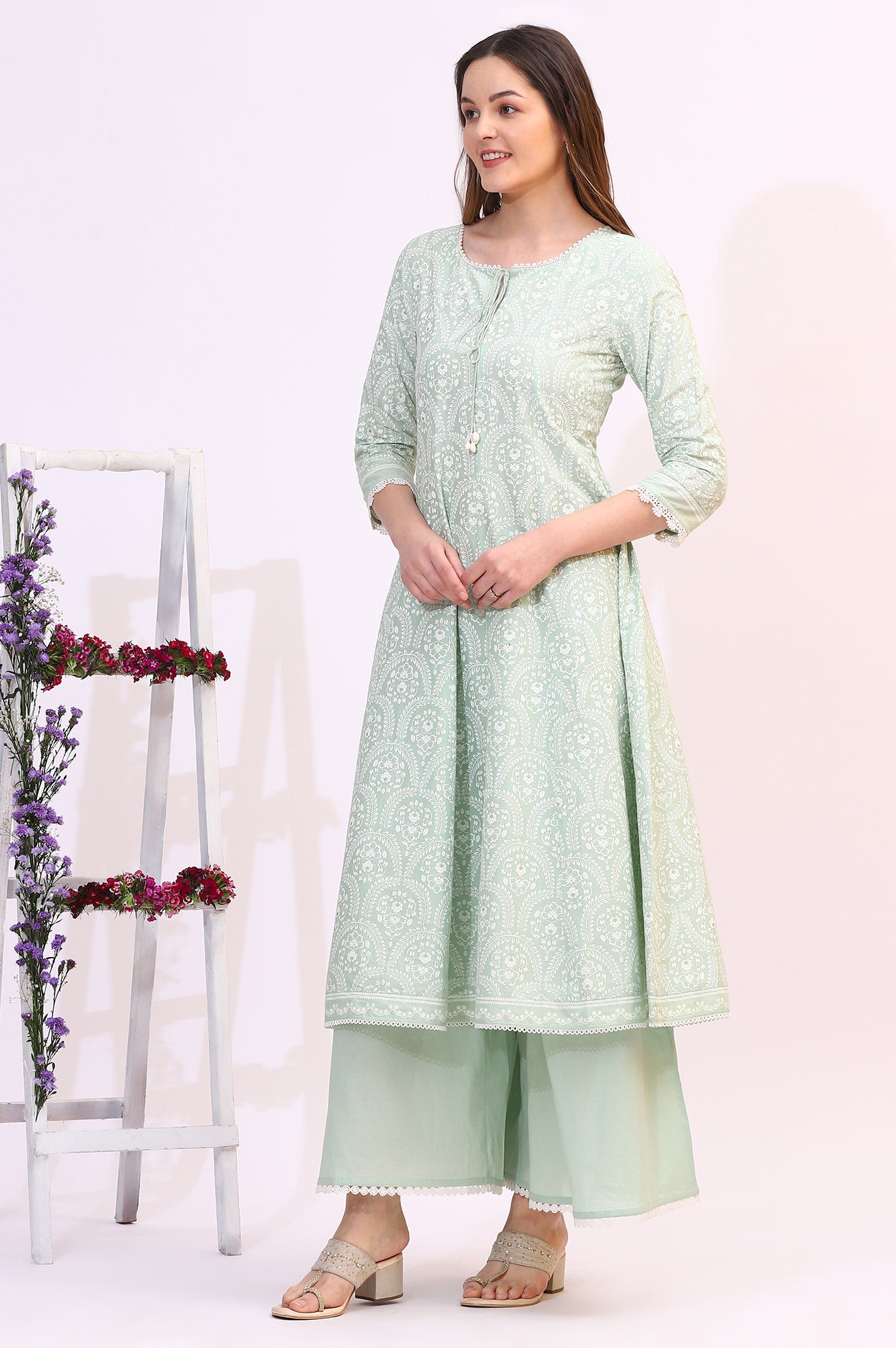 Spring Mint Green Floral Printed Flared Kurta and Flared Pants Set with Dupatta