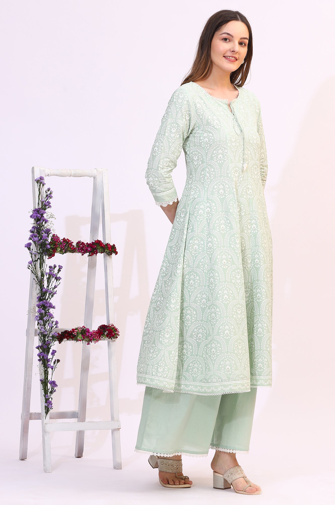 Spring Mint Green Floral Printed Flared Kurta and Flared Pants Set with Dupatta