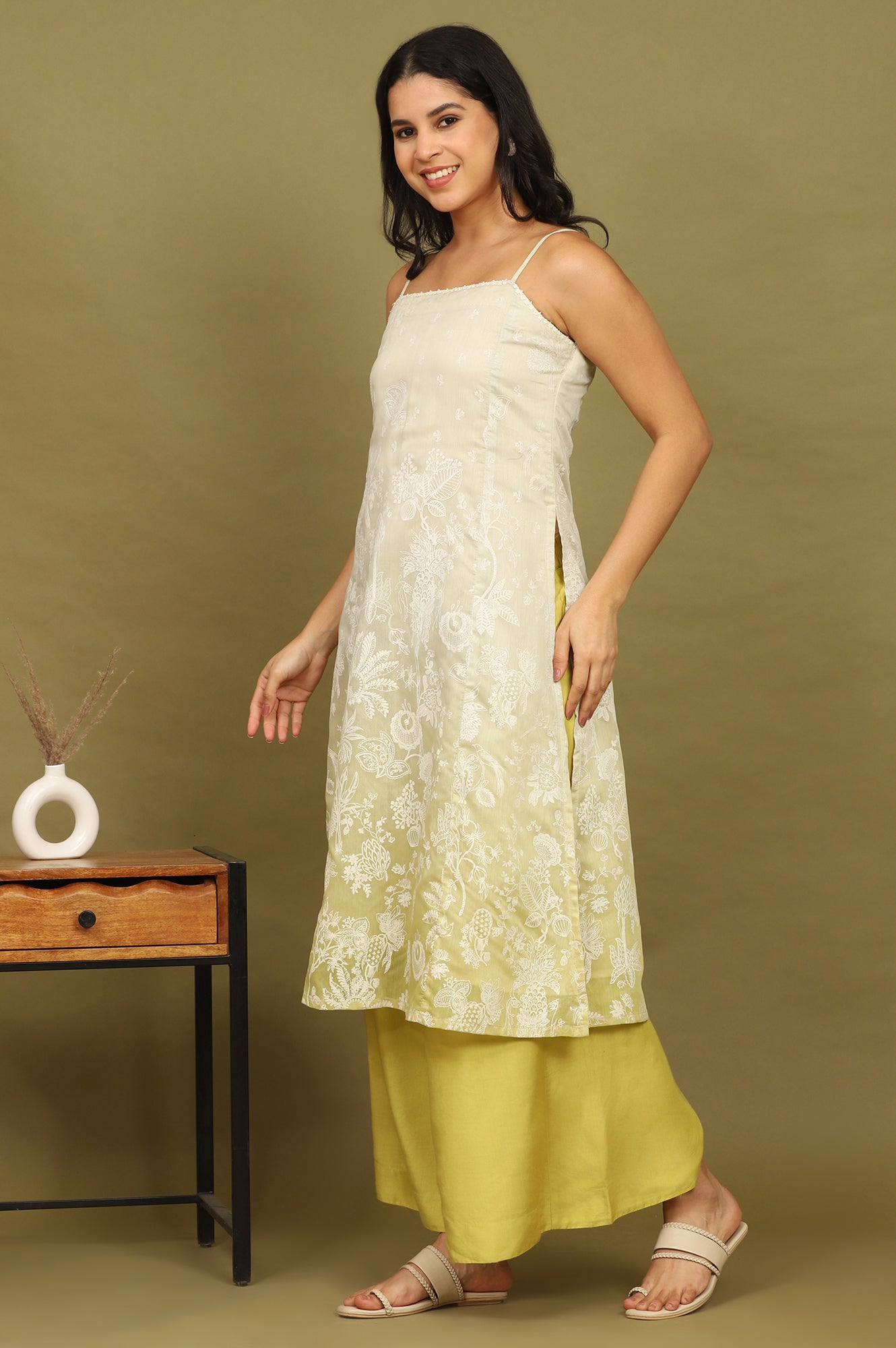 Green Floral Printed Chanderi Spaghetti Straight Kurta, Pants and Dupatta Set