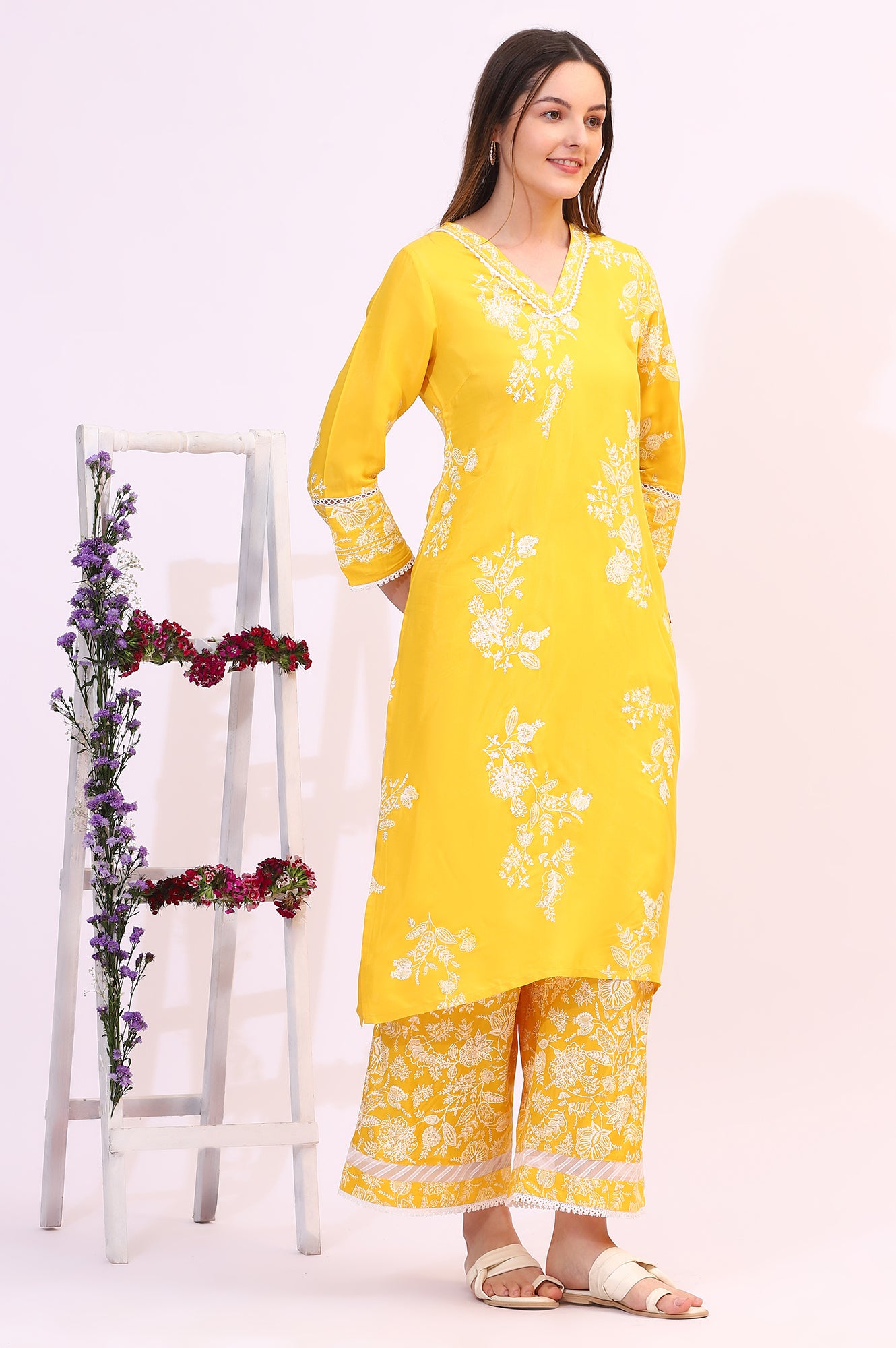 Mango Yellow Floral Printed Shantung A-line Kurta, Printed Parallel Pants and Dupatta Set