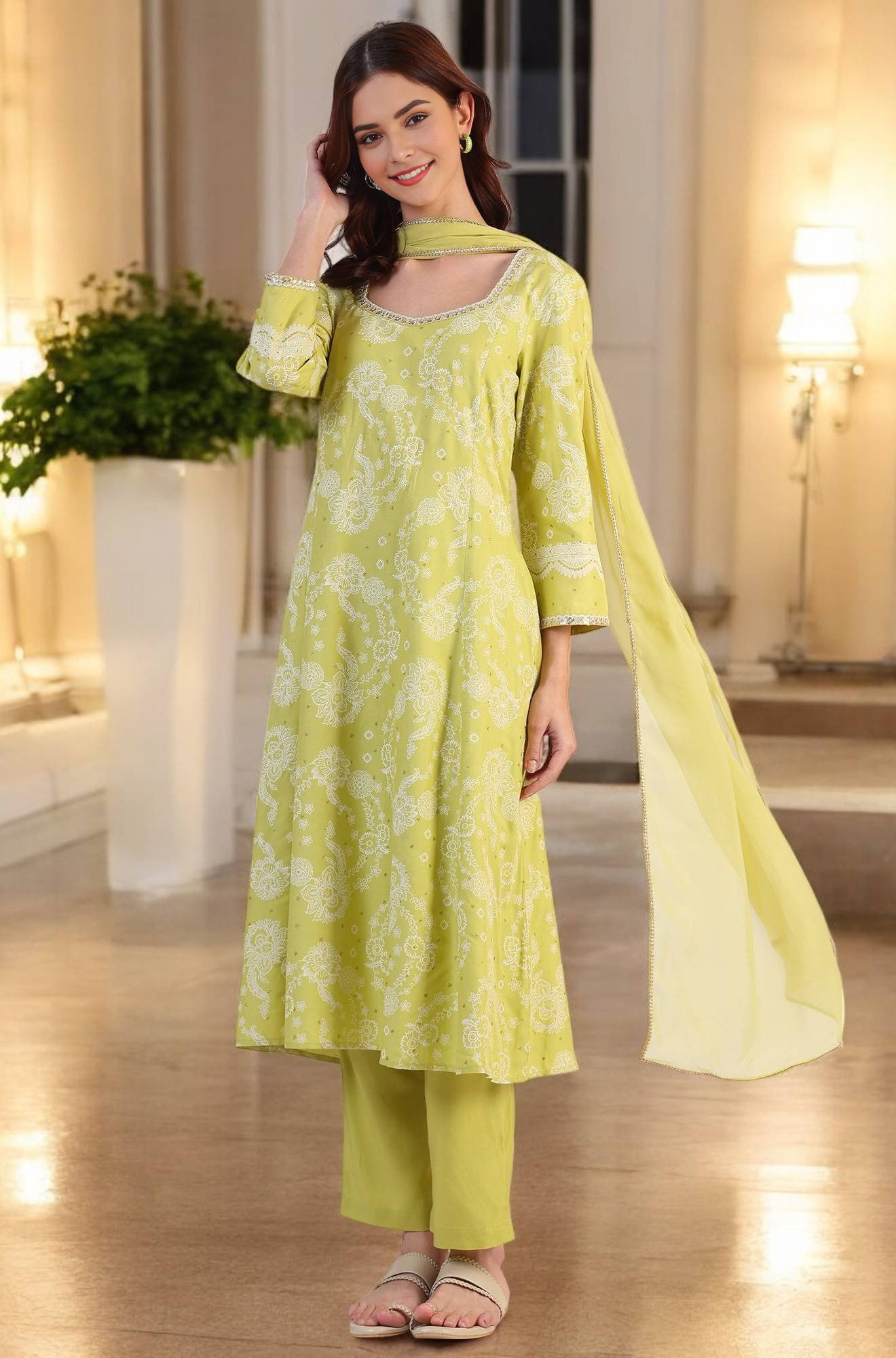 Lime Green Floral Printed Sequined Rayon Anarkali Kurta, Straight Pants and Dupatta Set